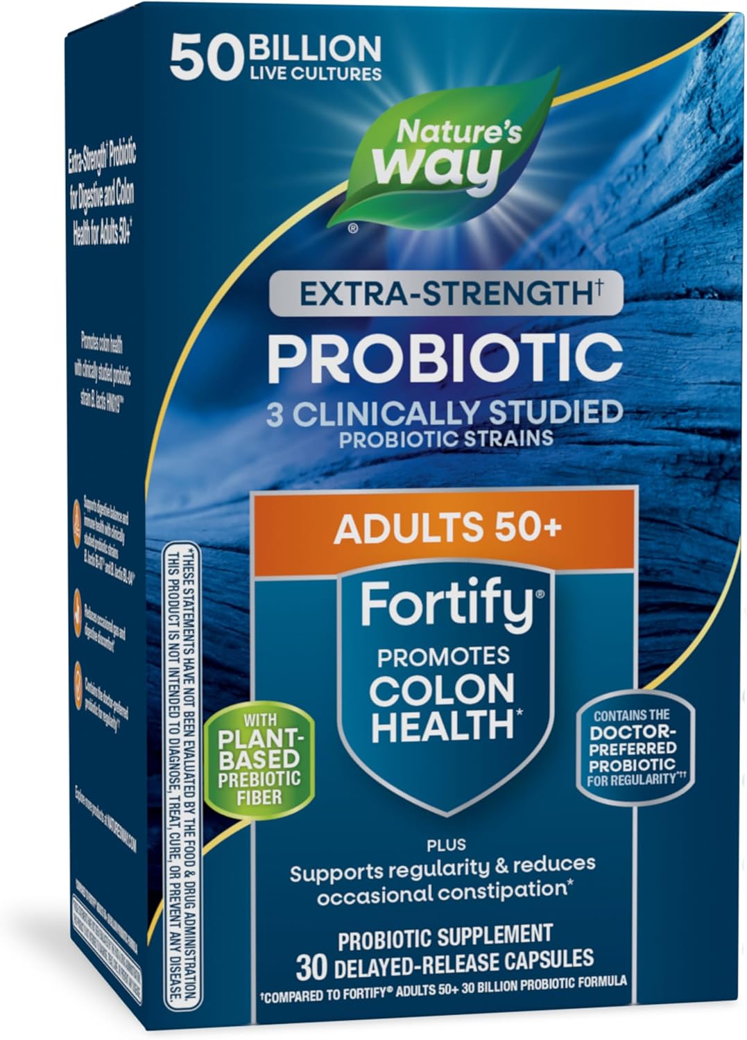 Nature’s Way Fortify Extra Strength† Probiotic Age 50+, 50 Billion Live Cultures, 11 Strains, Prebiotics, Digestive Health*, Immune Support*, Colon Health*, 30 Capsules (Packaging May Vary)