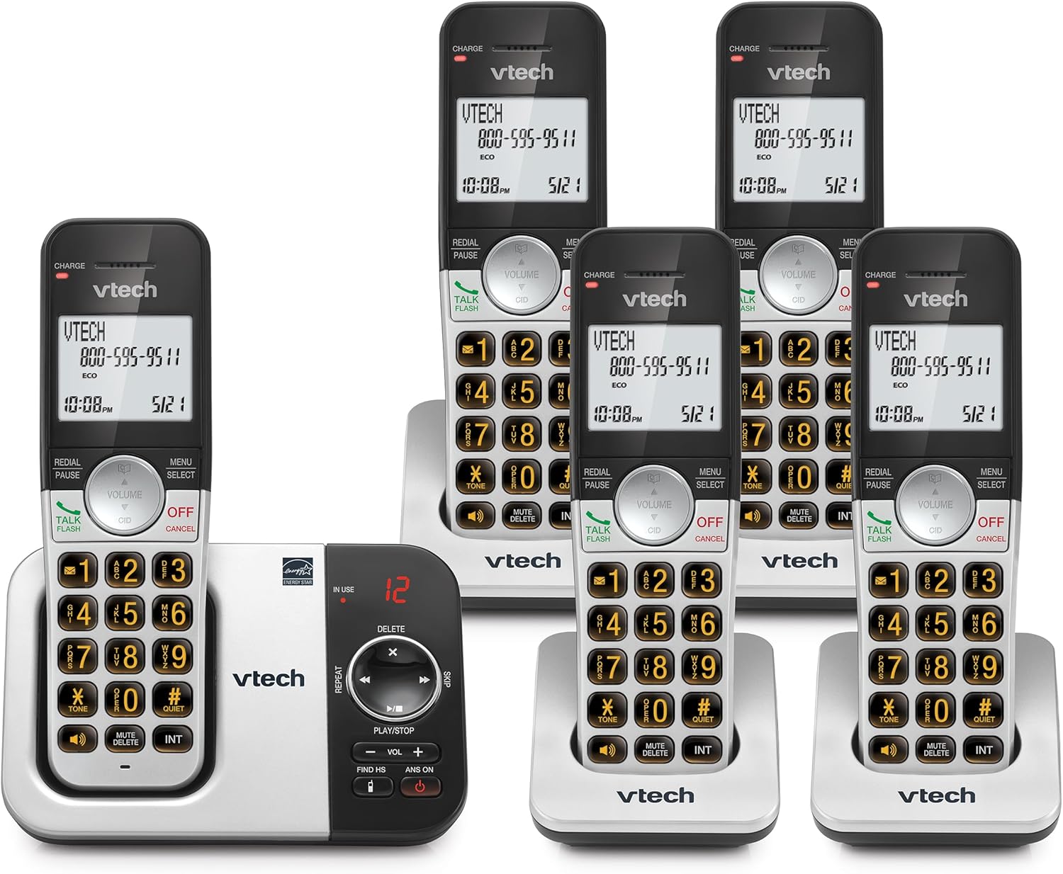 VTech Cordless Phone with Answering Machine 5-Handset – Full-Duplex Speakerphone Caller ID Last 10 Number Redial, Easy to Use, VG232-5