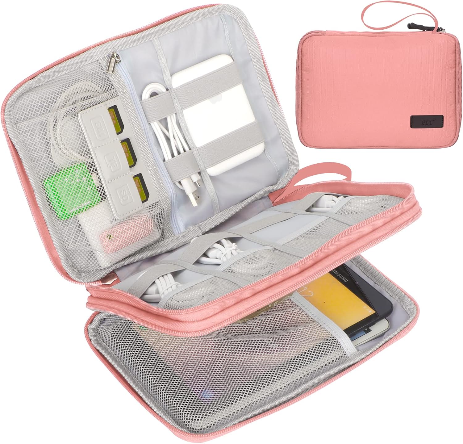 FYY Electronic Organizer, Travel Cable Organizer Bag Pouch Electronic Accessories Carry Case Portable Waterproof Double Layers All-in-One Storage Bag for Cable, Cord, Charger, Phone, Hard Drive,-Pink