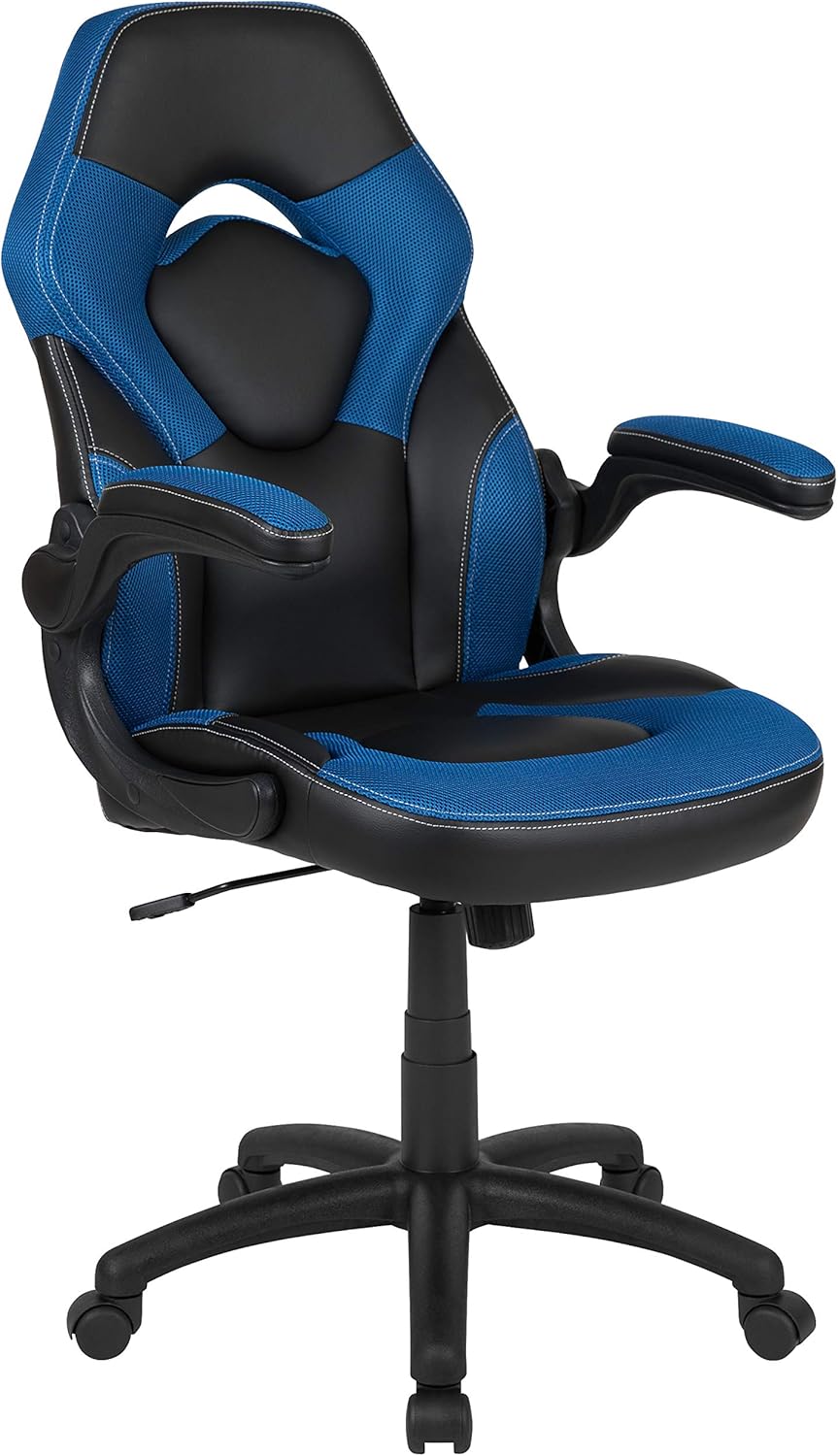 Flash Furniture X10 High-Back LeatherSoft Racing Style Gaming Chair with Flip-Up Arms, Ergonomic Padded Swivel Computer Chair, Blue/Black