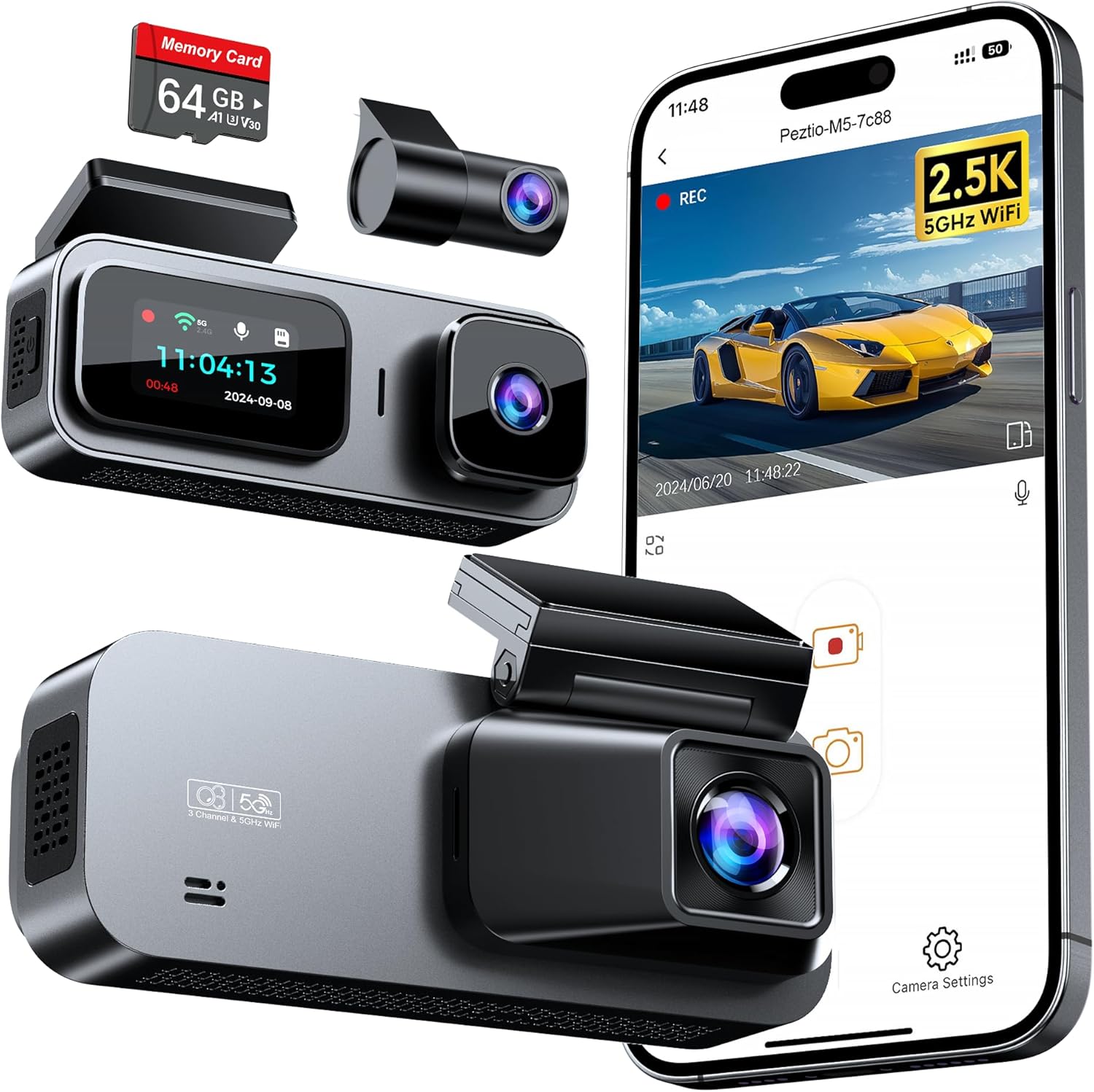 3 Channel 5GHz WiFi Dash Cam with 64GB Card, 2.5K+1080P Dash Cam Front and Rear/Inside, 2.5K+1080P+1080P Three Way Dash Camera for Cars, Dashcam 24H Parking Mode, Support 256GB Max Silver