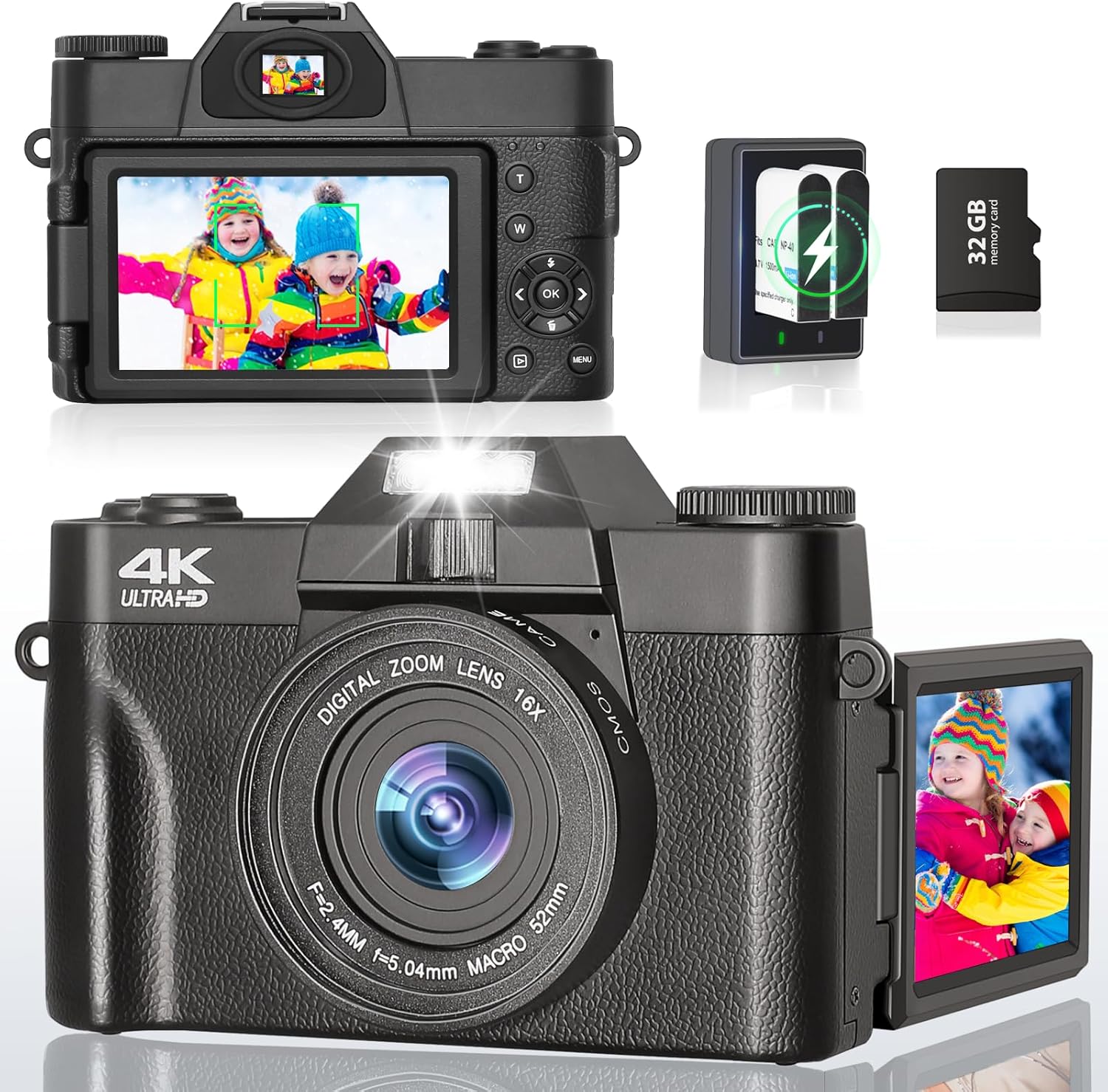 4K Digital Camera for Photography and Video – 56MP Digital Point & Shoot Camera with Flip Screen, Ultra HD Vlogging Camera for YouTube, 32G Card 16X Zoom, Vintage Compact Cameras for Boys Girls Teens