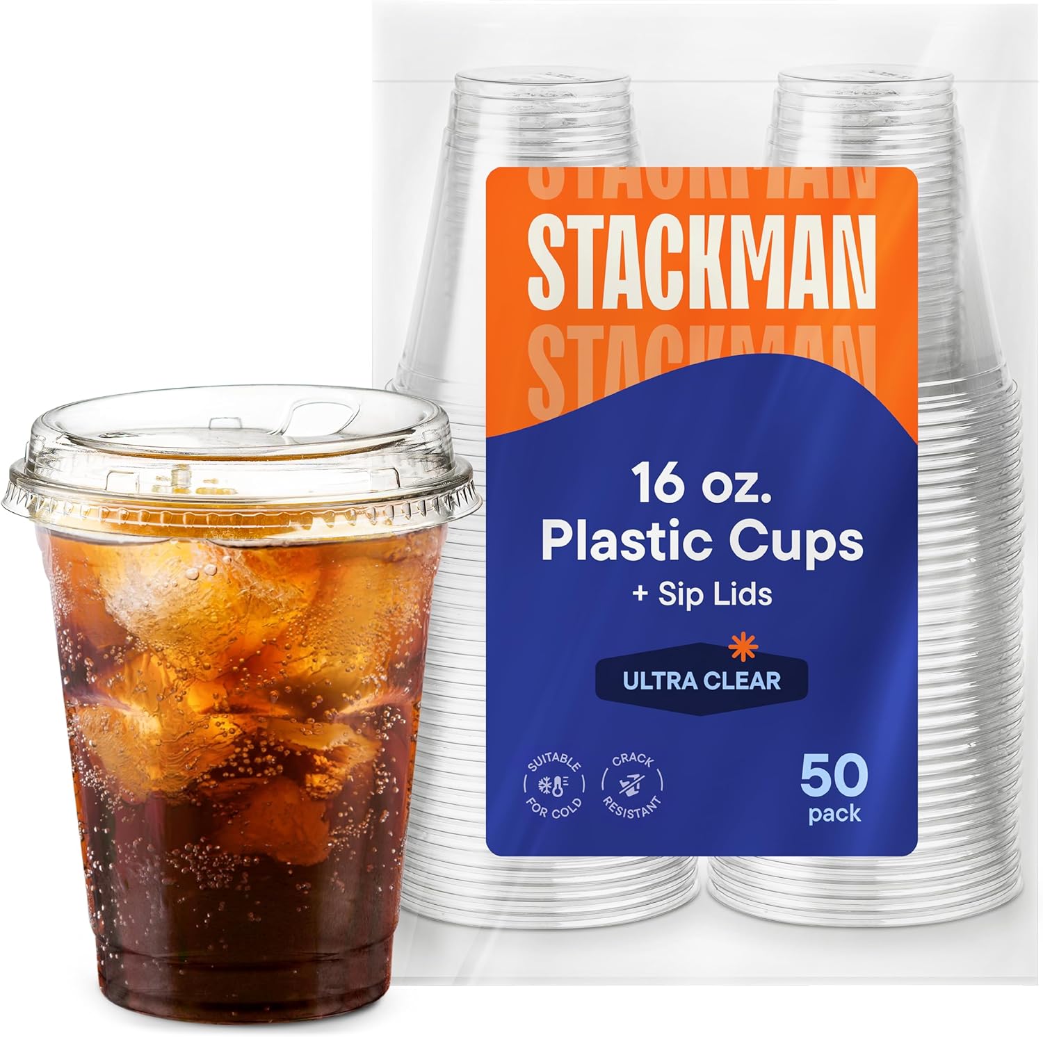 16 oz Clear Plastic Cups with Strawless Sip-Lids [50 Sets] PET Crystal Clear Disposable 16oz Plastic Cups with Lids – Crystal Clear, Durable Cup – BPA Free + Crack Resistant, for Coffee, Juice, Shakes