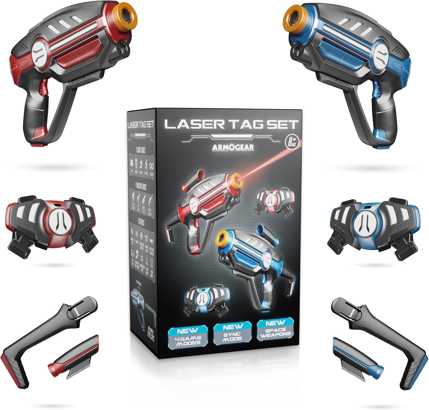 ArmoGear Laser Tag Set for Kids, Teens & Adults – 2 Blasters + 2 Vest Sensors with 4 Multi-Game Modes – Lazer Tag Set – Age 8+ Year Old Toys – Includes Accessories – Boys & Girls Outdoor Activities