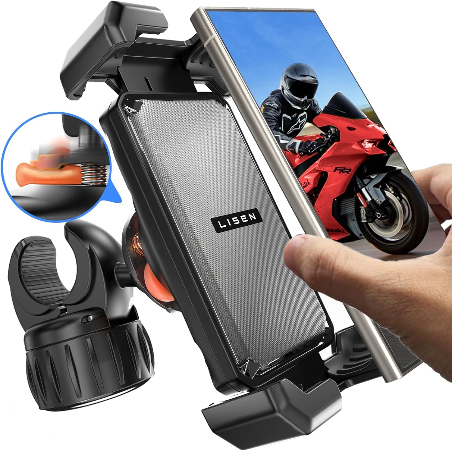 LISEN Bike/Motorcycle Phone Mount,Air Suspension Phone Holder for Motorcycle Handlebar,Dirt Bike/Harley Davidson Accessories，Scooter/Bike Phone Holder for iPhone 16 Pro Max Plus,All 4.6-7″ Smartphones