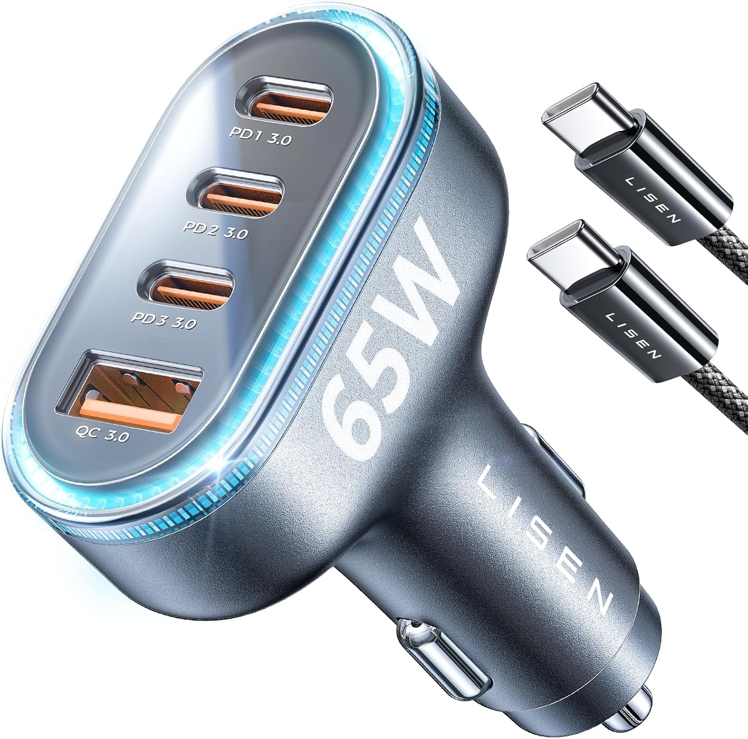 LISEN USB C Car Charger 65W+36W 4 Port Fast Charging Car Charger Adapter PD3.0 & QC3.0 Cigarette Lighter Car USB Charger Multi Port with Cable,Compatible with iPhone 16 Pro Max Plus Samsung S24 iPad