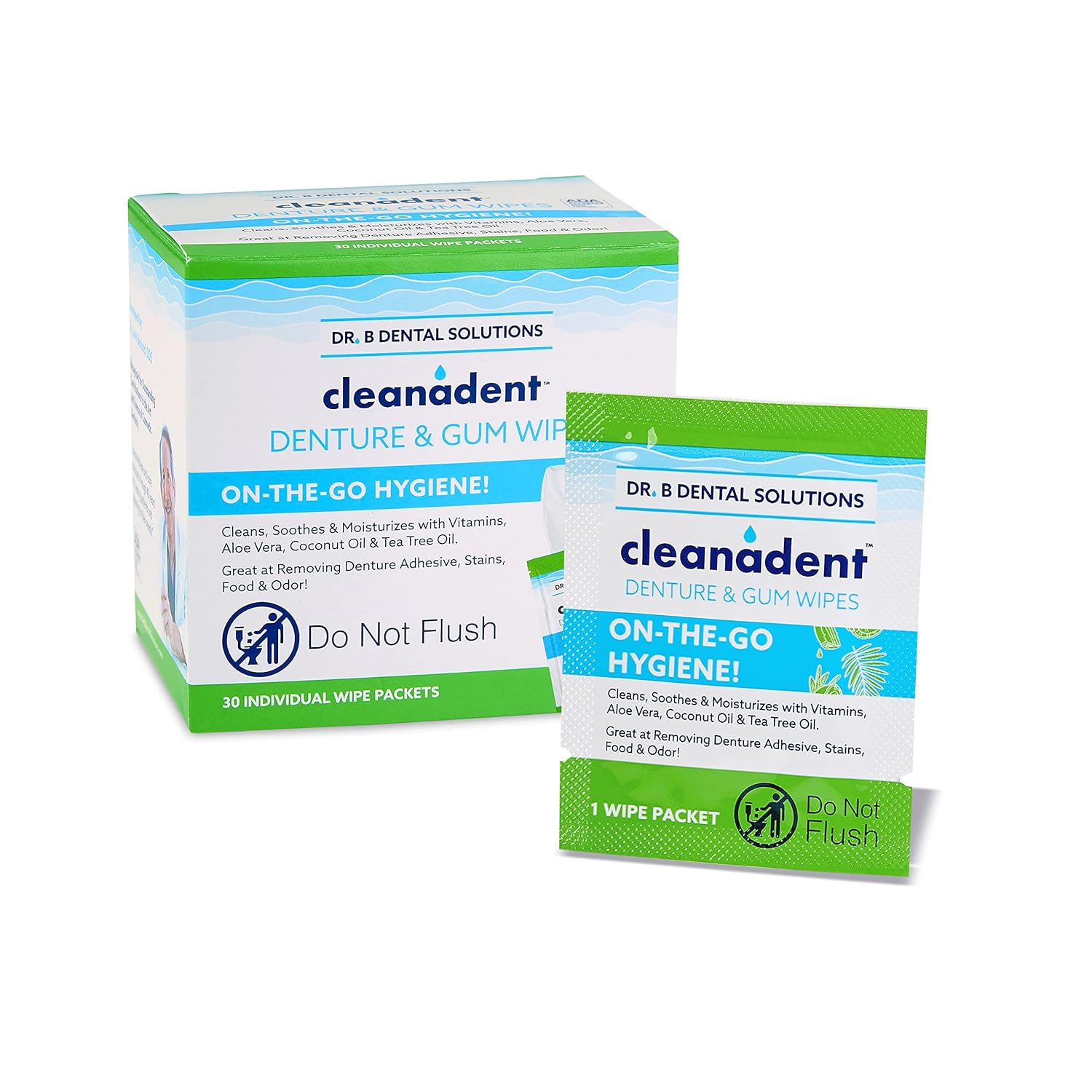 Dr. B Dental Solutions Cleanadent Wipes – Convenient Denture Cleaning Wipes, Refreshes Gums, No Artificial Colors/Flavors – 30 Pack