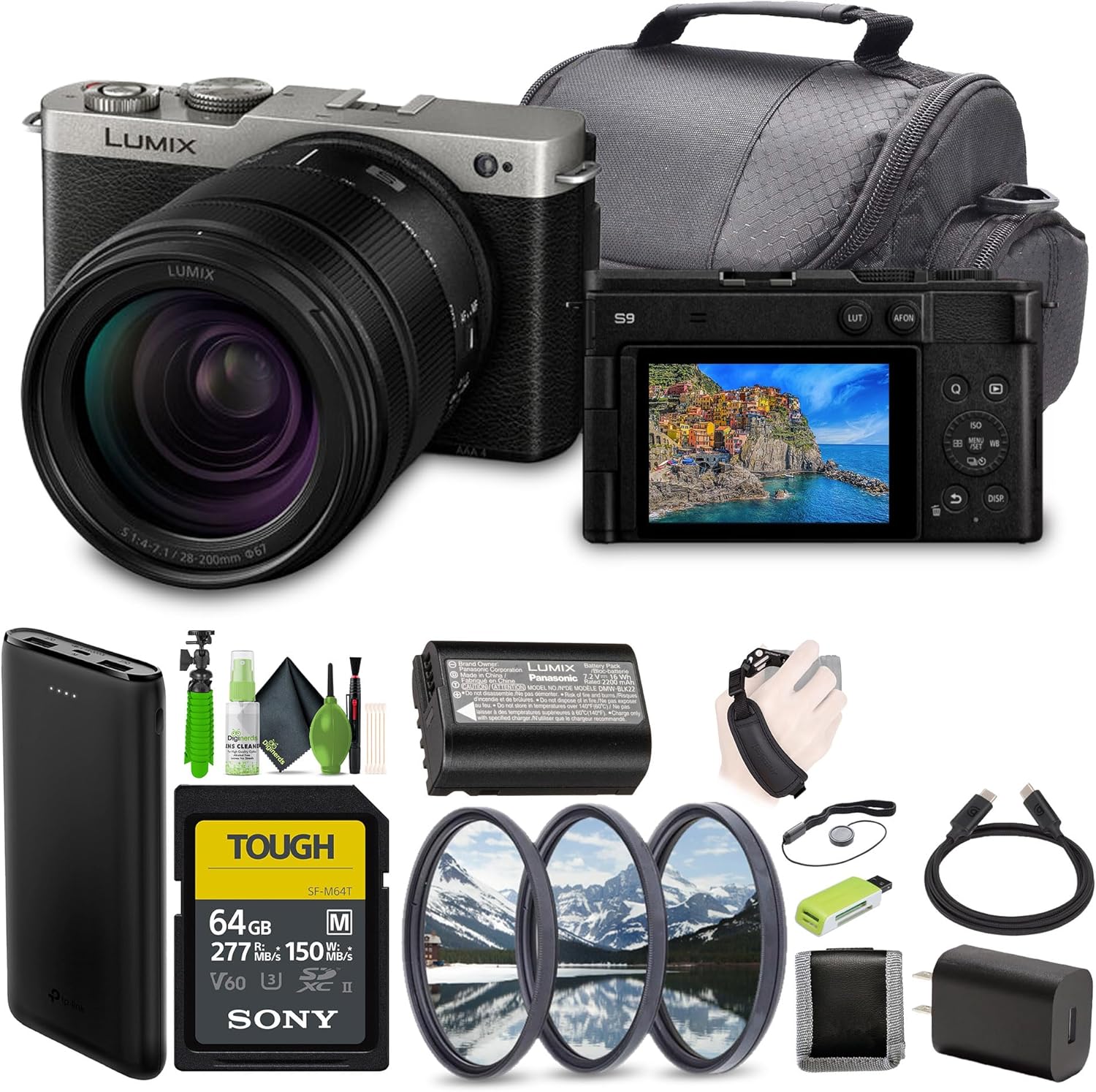 Panasonic LUMIX S9 Mirrorless Full Frame Compact Camera with 28-200mm L Mount Lens for Content Creators – Silver-Bundle with 64GB UHS-II SDXC Memory Card and More Accessories