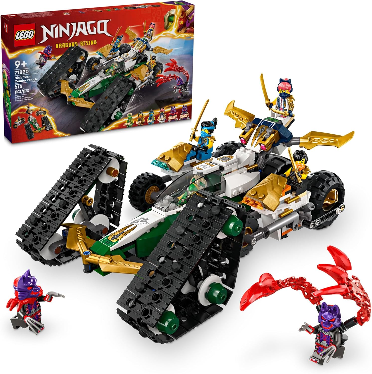 LEGO NINJAGO Ninja Team Combo Vehicle, 4 in 1 Ninja Playset for Kids with Glider, Off-Road Racer and 2 Motorcycle Toys, Birthday Gift for Boys and Girls, Ninja Toy with 6 Minifigures, 71820