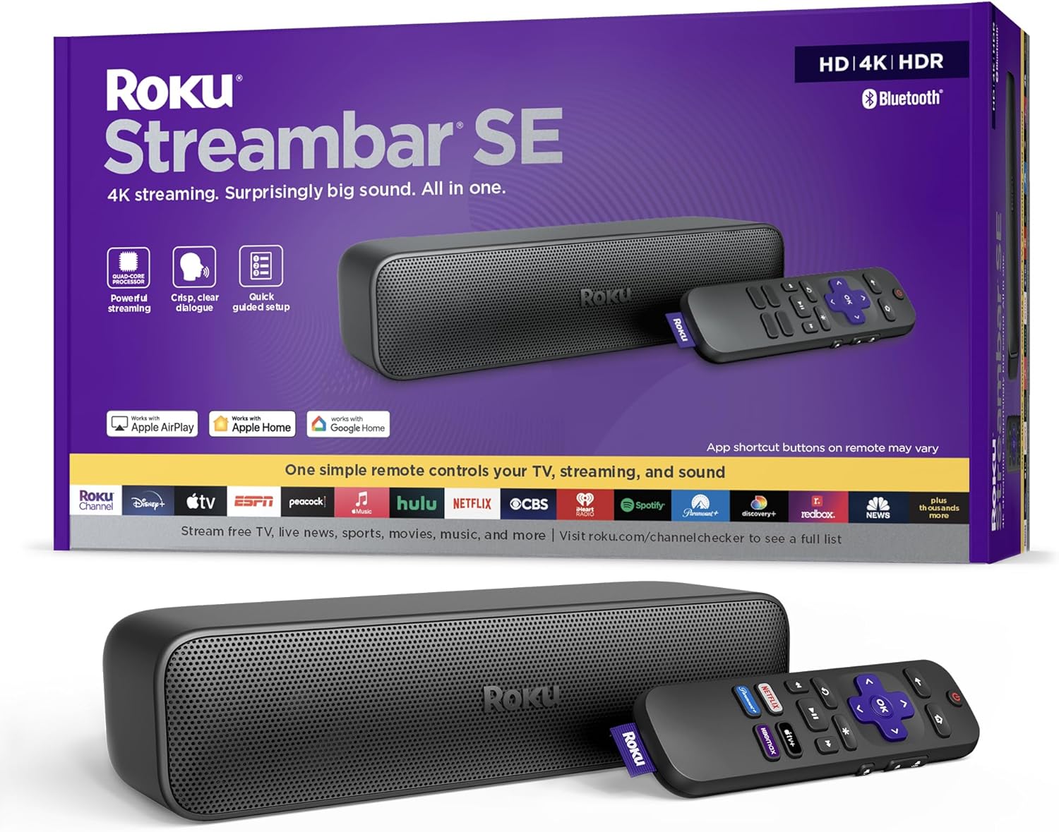 Roku Streambar SE | 2-in-1 TV Soundbar with Built-in 4K/HD/HDR Streaming, Premium Speakers, & Enhanced Speech Clarity for Crisp, Clear Dialogue – Quick Guided Simple Setup