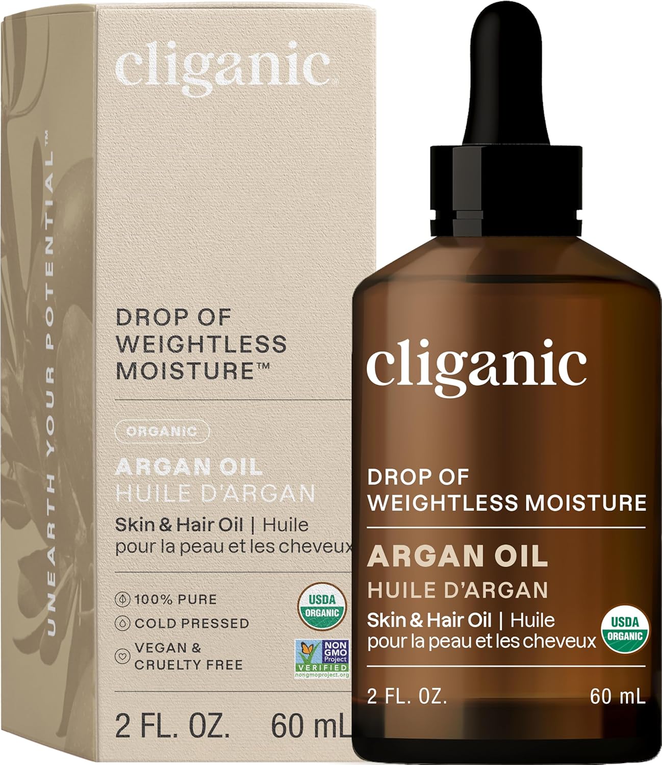 Cliganic Organic Argan Oil, 100% Pure – for Hair, Face & Skin | Cold Pressed Carrier Oil (Packaging May Vary)