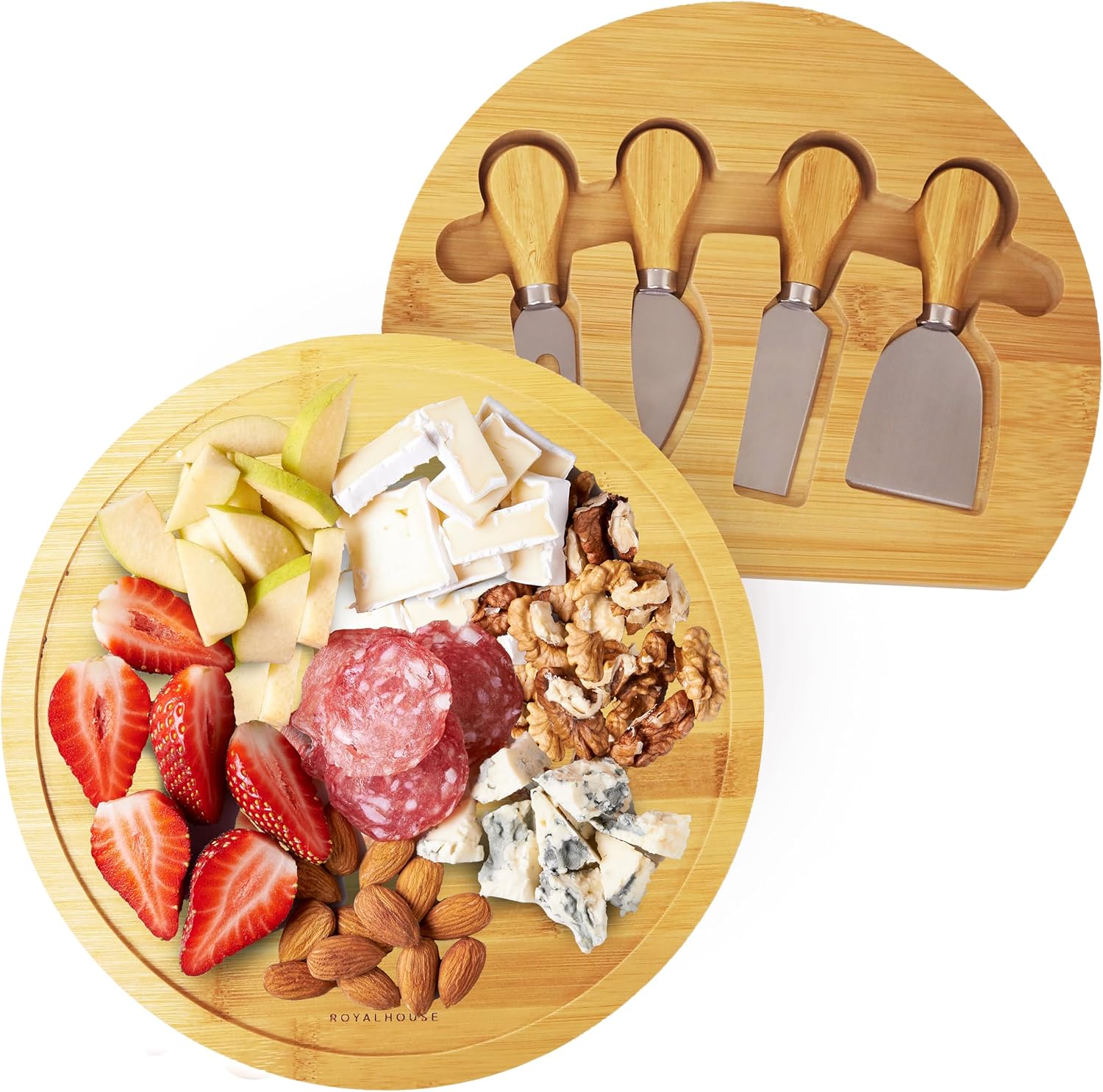 RoyalHouse Bamboo Round Cheese Board and 4 Knives Set with Slide-Out Cutlery Drawer – Charcuterie Boards Set & Cheese Platter – Ideal Anniversary, Wedding and Housewarming Gift