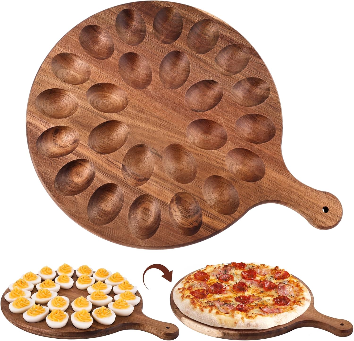 HANSGO Deviled Egg Platter, Wooden Deviled Egg Tray 24 Holes Round Egg Holder Charcuterie Board Easter Deviled Egg Carrier for Kitchen Countertops