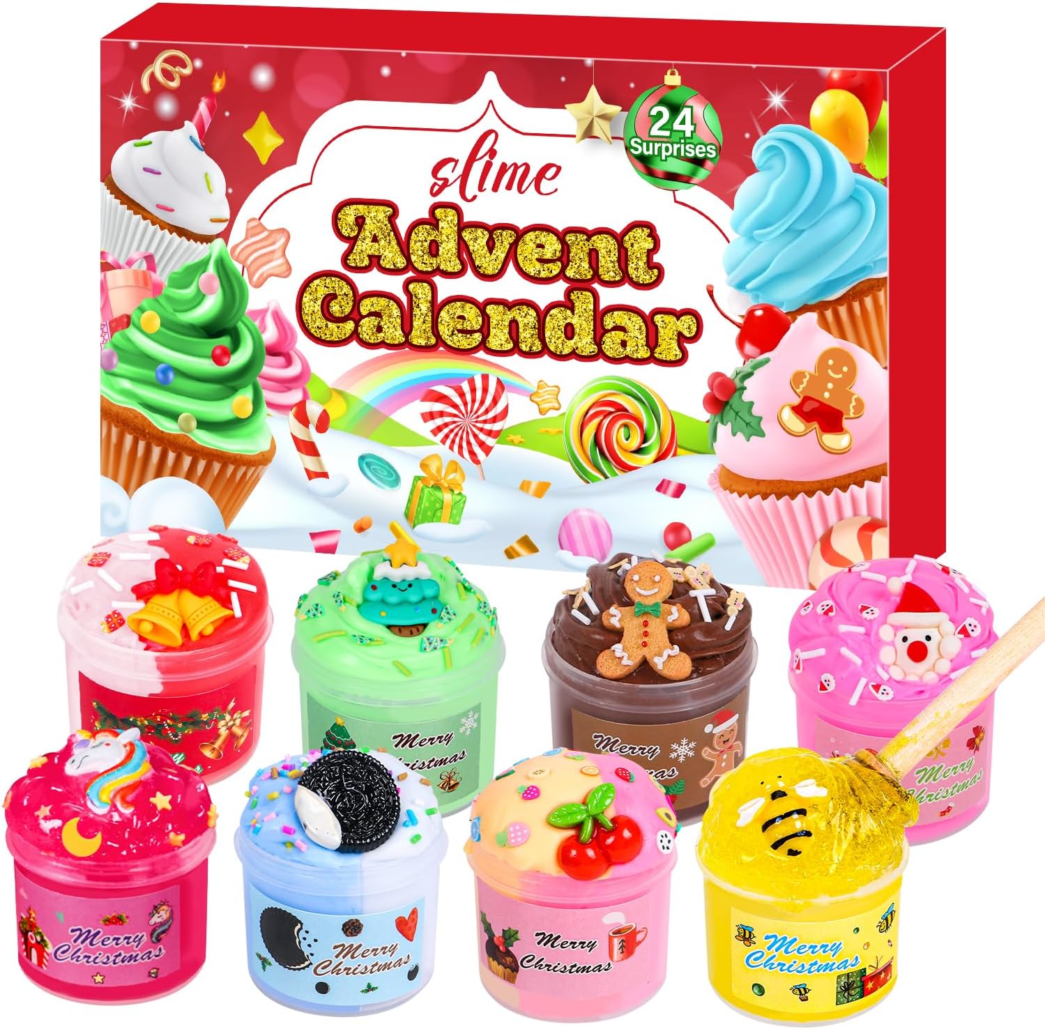 Advent Calendar 2024-24 Days of Surprises Christmas Advent Calendar with Slime and Charms Kit Funny Christmas Gifts Toy for Toddler Kids Teens Girls 4 5 6 7 8 9 10 11 12 Year Old