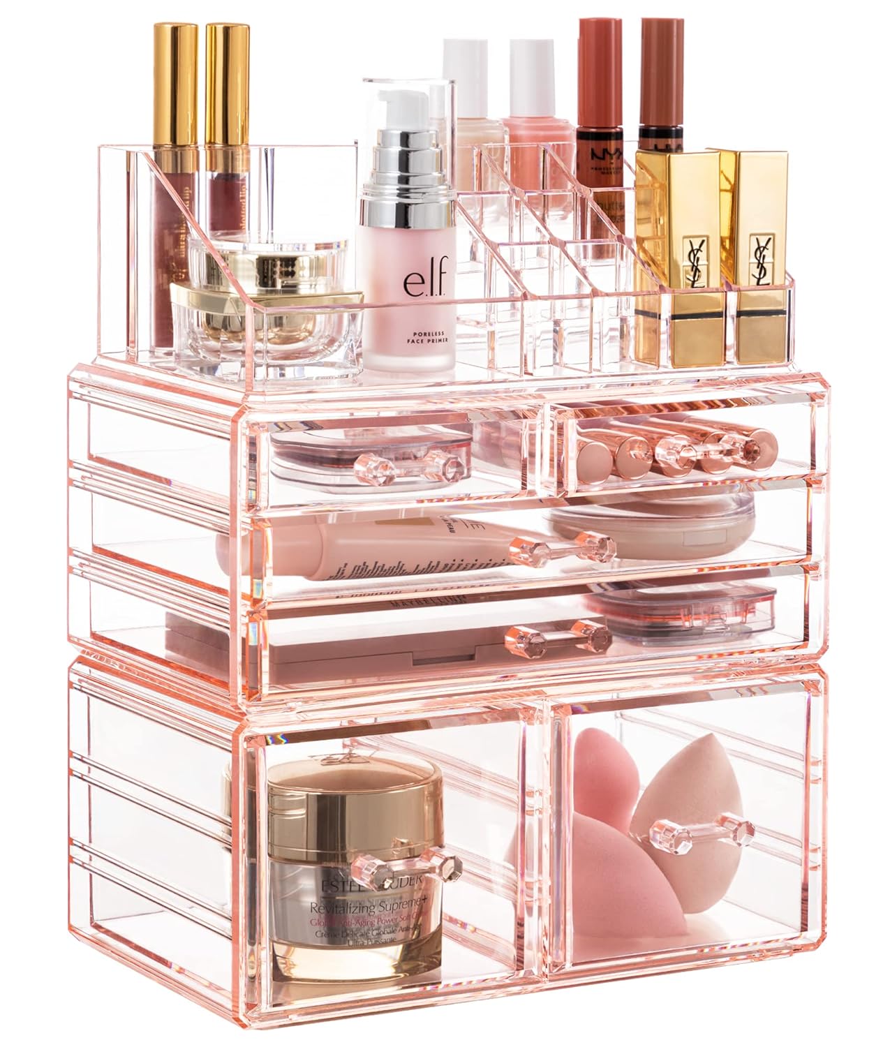 HBlife Acrylic Clear Dustproof Makeup Storage Organizer Drawers Large Skin Care Cosmetic Display Cases for Bathroom Stackable Storage Box with 6 Drawers for Vanity (Pink)