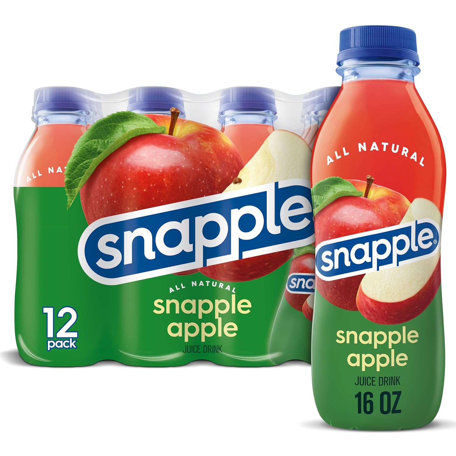 Snapple Apple Juice Drink, 16 fl oz recycled plastic bottle, Pack of 12