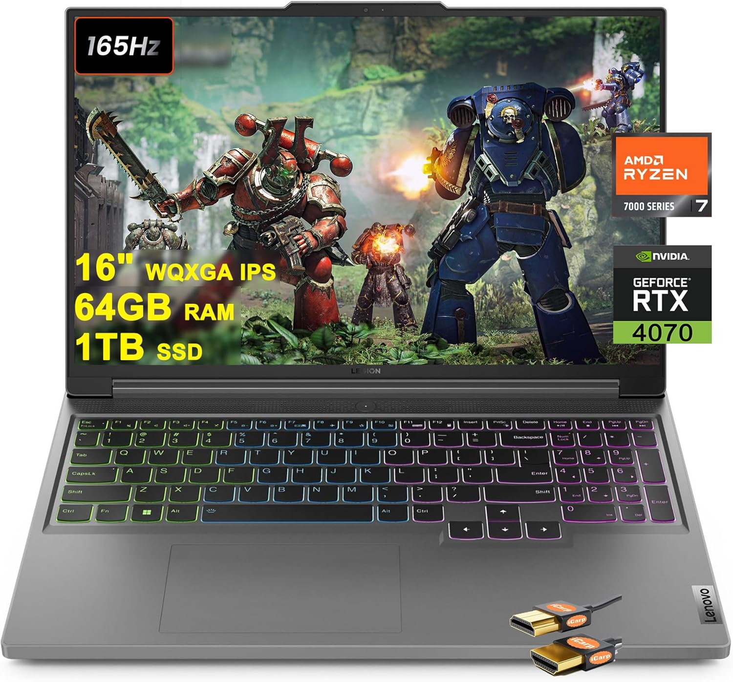 Lenovo Legion Slim 5 Gaming Laptop 16″ WQXGA IPS 165Hz (100% sRGB G-Sync) AMD 8-Core Ryzen 7 7735HS (>i7-12700H) 64GB RAM 1TB SSD GeForce RTX 4070 Backlit USB-C Rapid Charging Win11 w/ICP Accessory