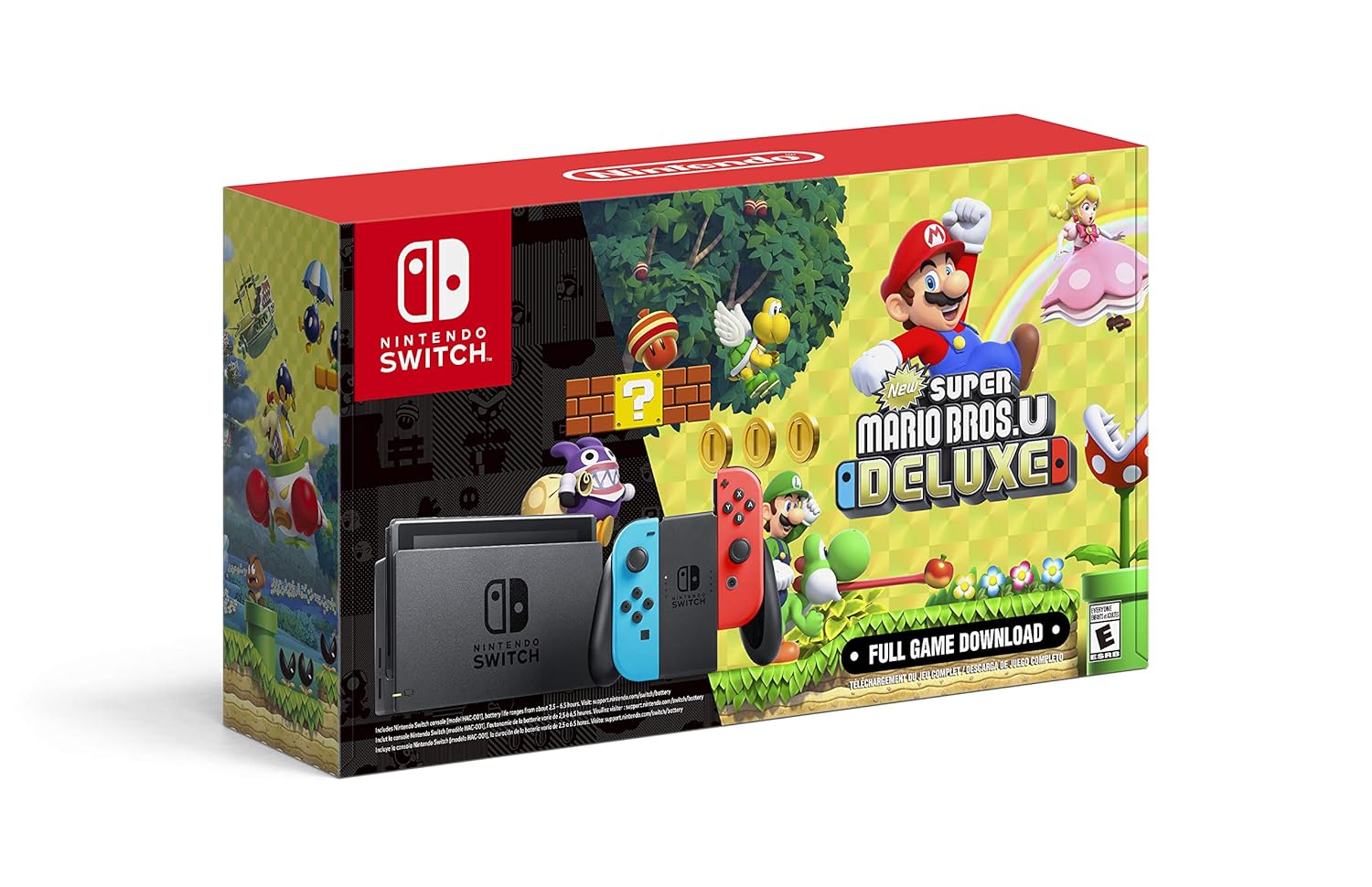 Nintendo Switch with Neon Blue and Neon Red Joy-Con + New Super Mario Bros. U Deluxe (Full Game Download) – Switch Console