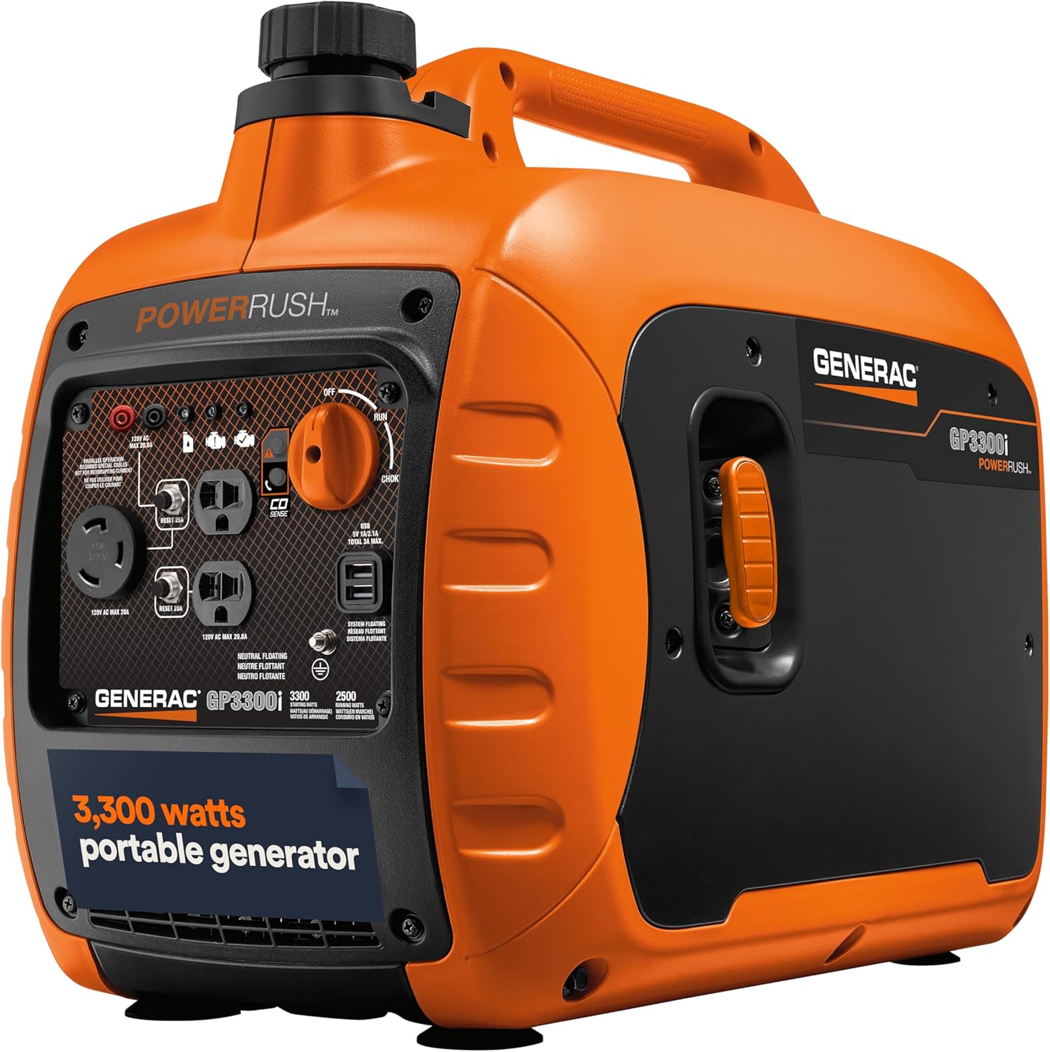 Generac 7153 GP3300i 3,300-Watt Gas-Powered Portable Inverter Generator – Lightweight Design – USB Ports for Mobile Device Charging – COsense Technology – CARB Compliant, Orange/Black