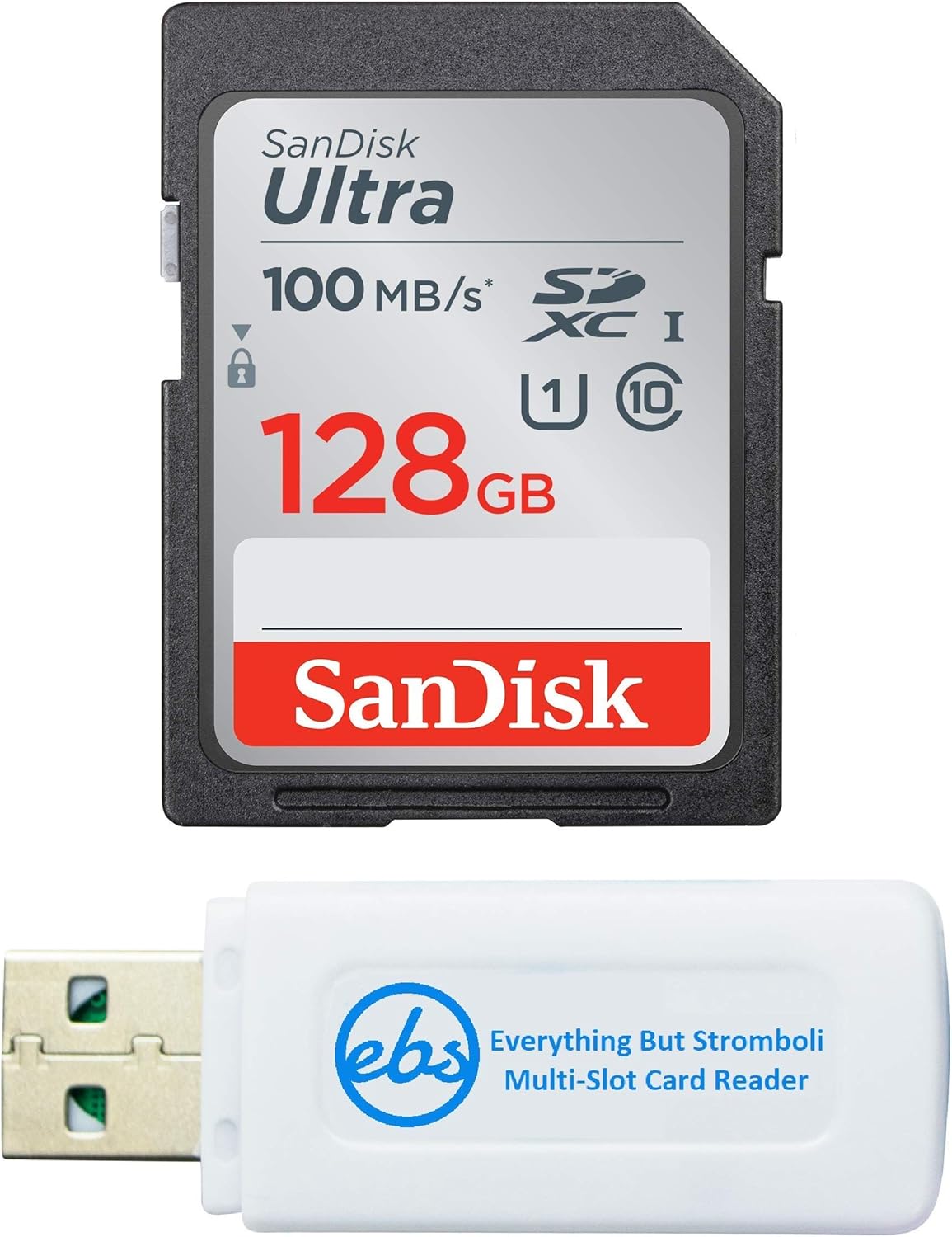 SanDisk SDXC Ultra 128GB Memory Card for Camera Panasonic Lumix Works with DC-G9, DC-GX9, DMC-G85, DMC-G80, DC-S1 (SDSDUNR-128G-GN6IN) Bundle with (1) Everything But Stromboli SD & Micro Card Reader