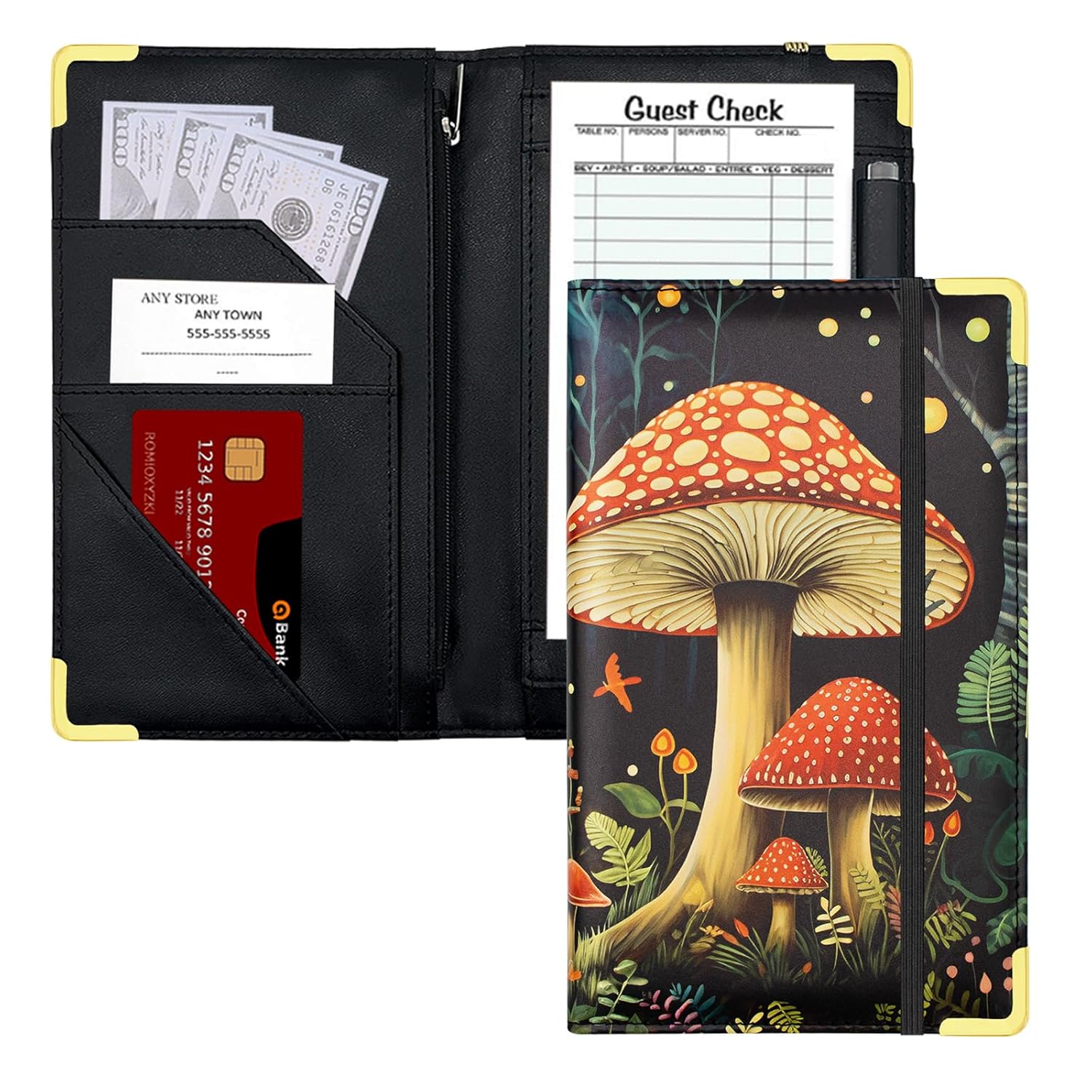 Server Book,Cutaswish Server Books for Waitress Cute,Waiter Receipt Book,PU Leather Waitress Book with Zipper Pocket,Waitress Accessories(Mushroom B)