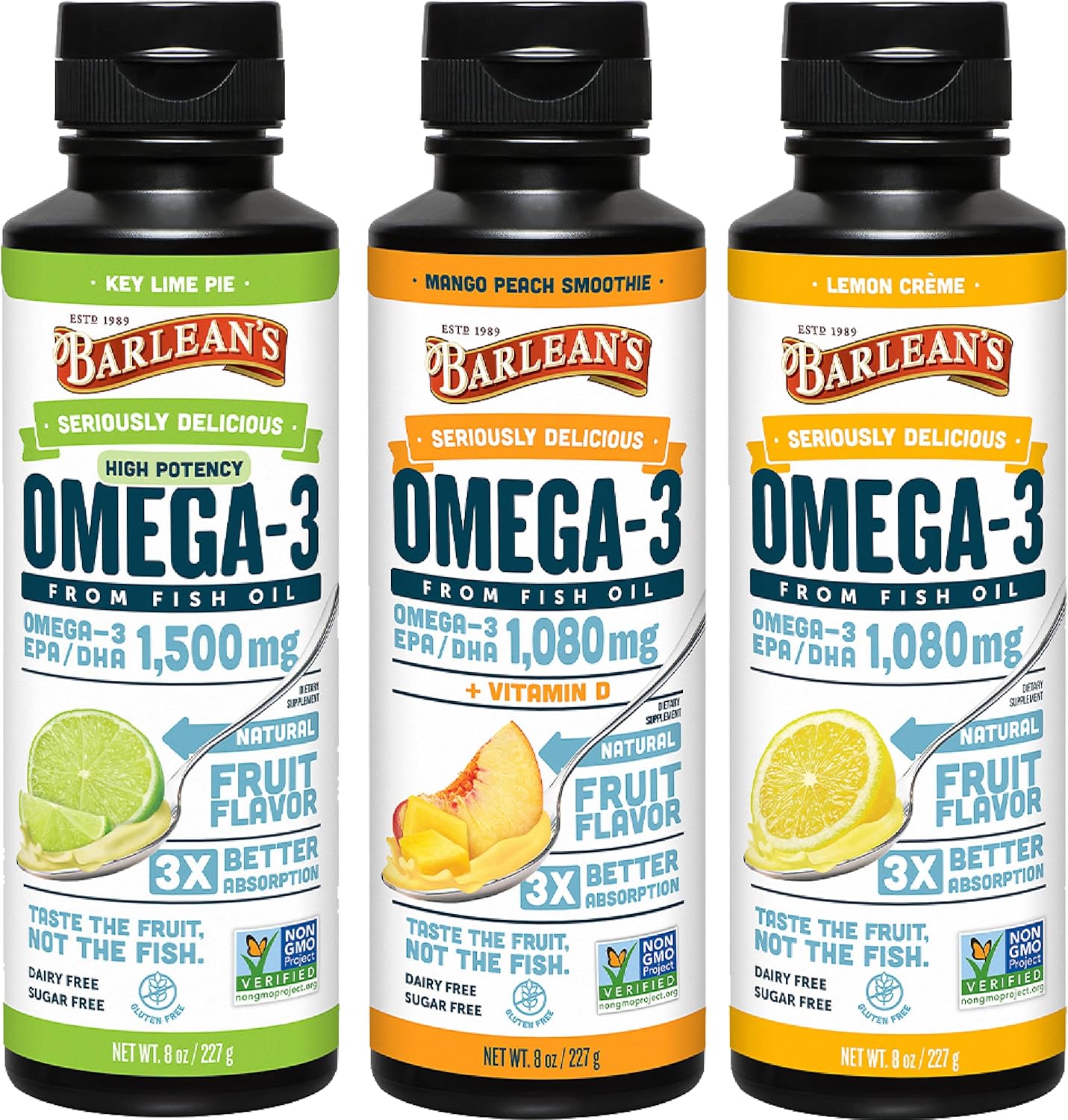 Barlean’s Omega 3 Fish Oil Liquid Supplement Pack of 3, EPA and DHA Fatty Acid, Smoothie Flavored for Brain, Joint, and Heart Health, Includes Key Lime Pie, Lemon Crème and Mango Peach Flavors, 8 oz