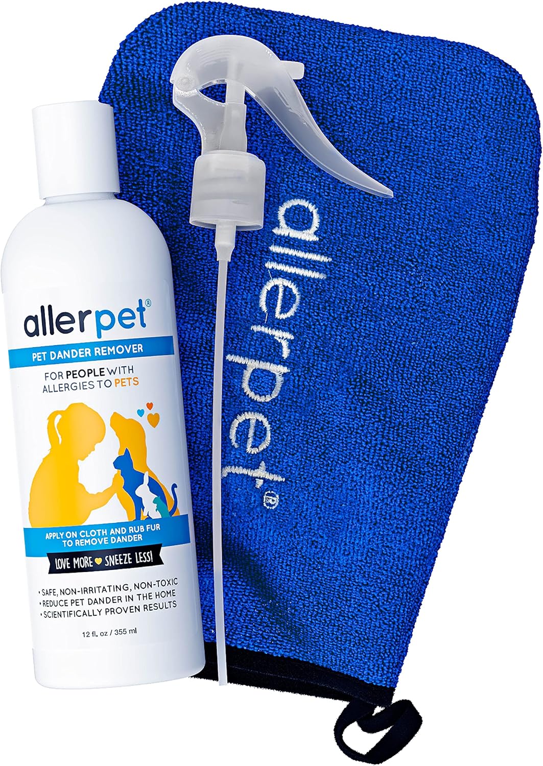 Allerpet Multi-Pet Dander Remover with FREE Application Mitt & Sprayer – Best Pet Dander Remover for Allergens – For Dog/Cat Dry Skin Treatment – Made in USA – (12oz)