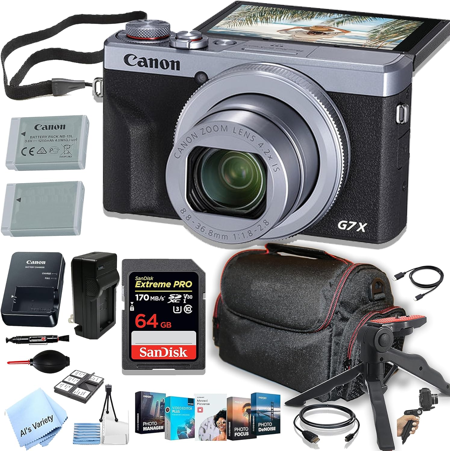 Canon PowerShot G7 X Mark III (Silver) Digital Camera + 64GB Extreem Speed Memory,Stabilizong Grip, Case, Batteries,and More (22pc Bundle) (Renewed)