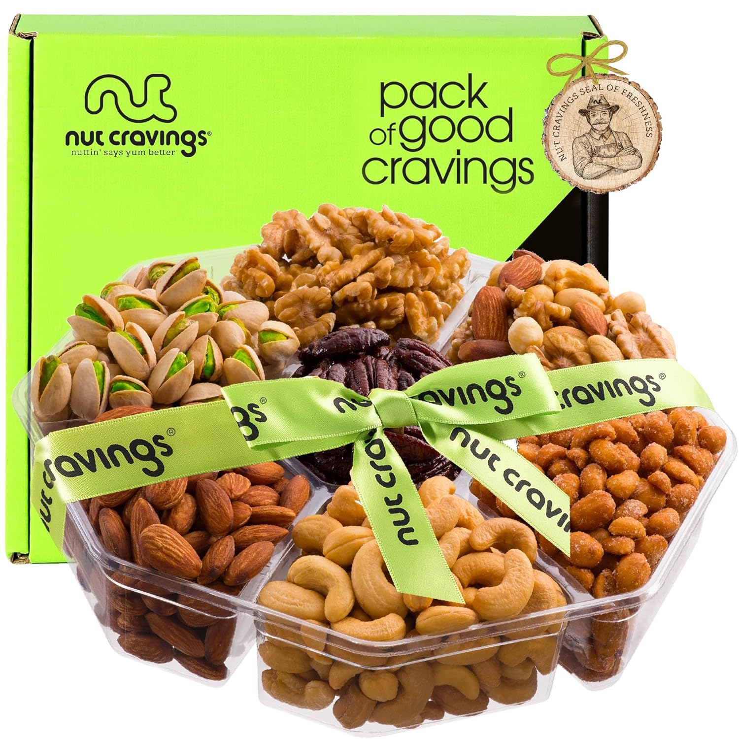 NUT CRAVINGS Gourmet Collection – Holiday Christmas Mixed Nuts Gift Basket + Green Ribbon (7 Assortments, 2.2 LB) Xmas Kwanzaa Arrangement Platter, Birthday Care Package – Healthy Kosher Corporate