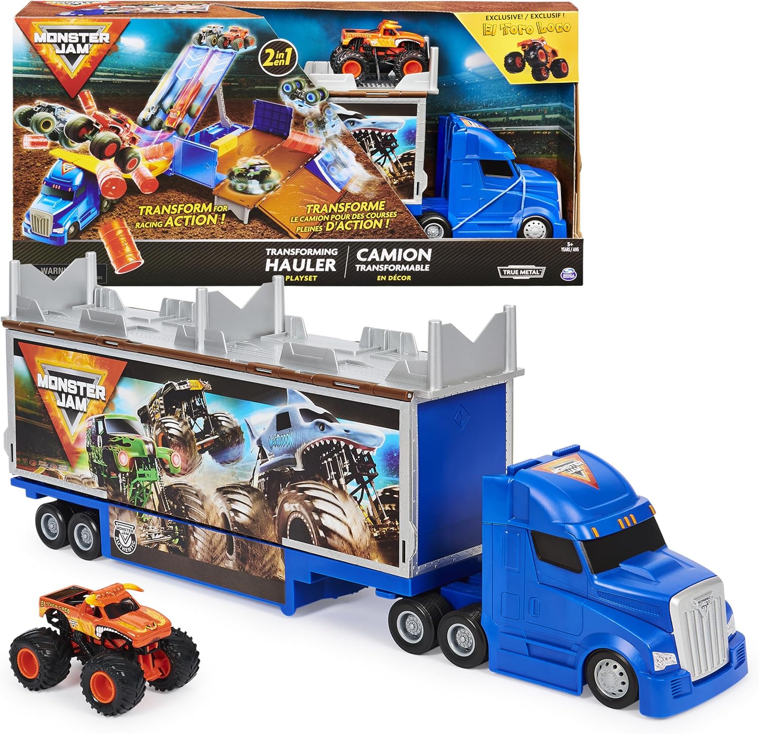 Monster Jam, Transforming Hauler Playset and Storage with Exclusive El Toro Loco Monster Truck, 1:64 Scale, Kids Toys for Boys and Girls Ages 4-6+