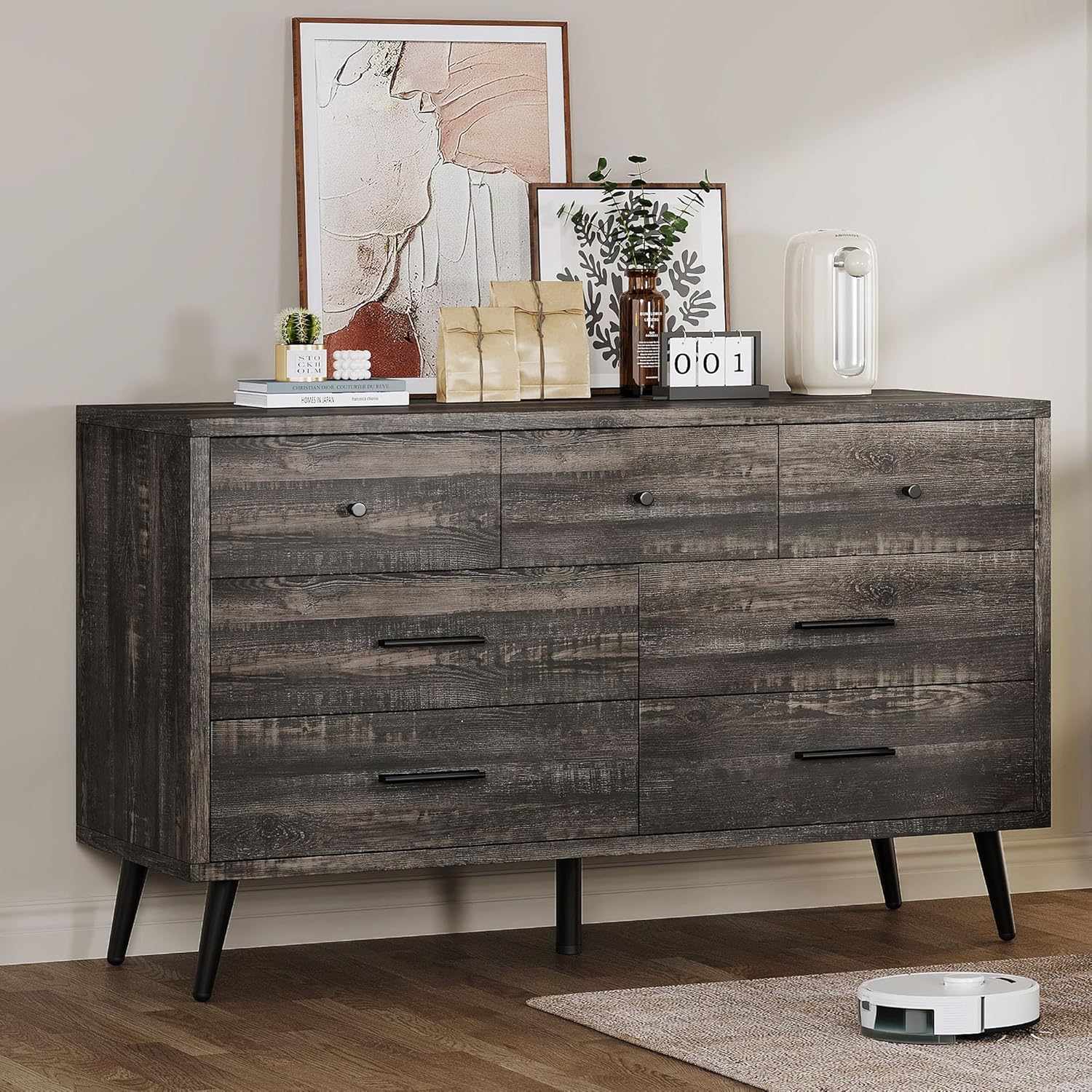 DWVO Dark Rustic Oak 7 Drawer Dresser, 47″ W Large Double Dresser Chest of Drawers, Modern Wood Storage Dresser Organizer with Black Metal Handles & Anti-Tipping Device for Hallway, Entryway