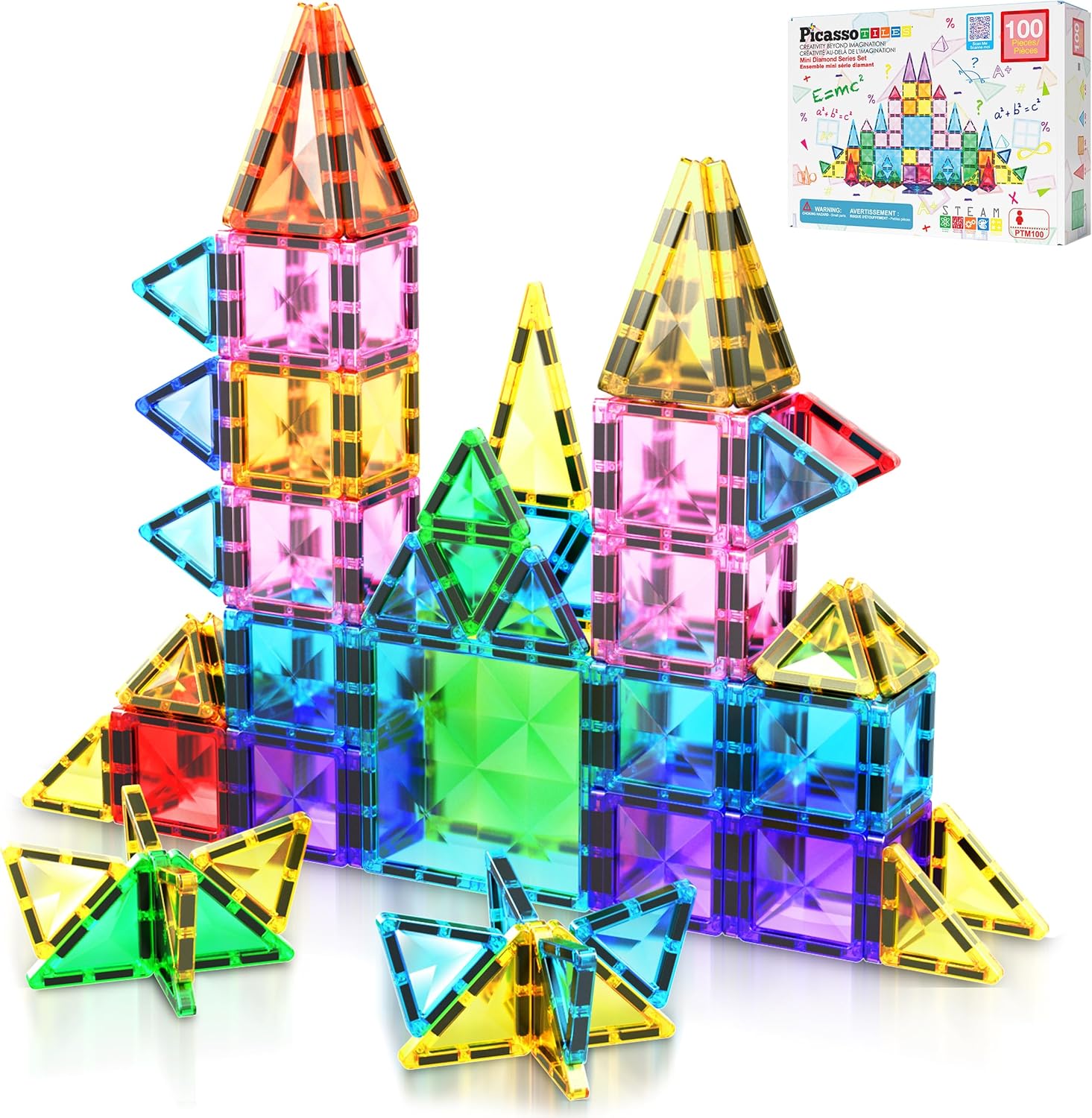 PicassoTiles 100 Pieces Magnetic Tiles Building Blocks Mini Size Diamond Series Magnet Toys Travel Size On-The-Go Construction Sensory Toys Gifts Educational Set STEM Learning Kit Playset PTM100