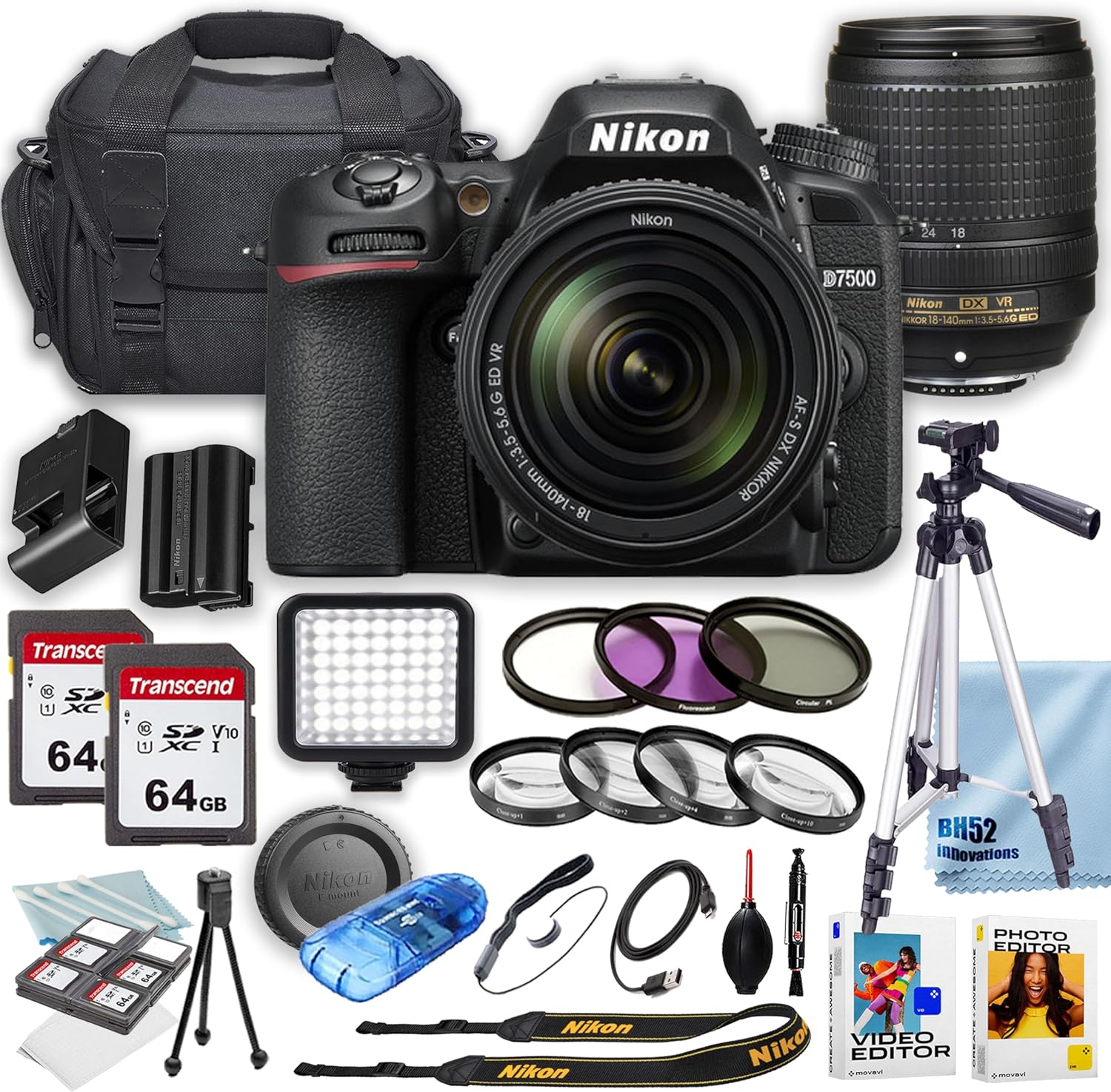 Nikon D7500 DSLR Camera with Nikon AF-S DX NIKKOR 18-140mm f/3.5-5.6G ED VR Lens + Deluxe Case + 128GB Memory + Filters + Tripod + LED Square Light (28PC Bundle) (Renewed)