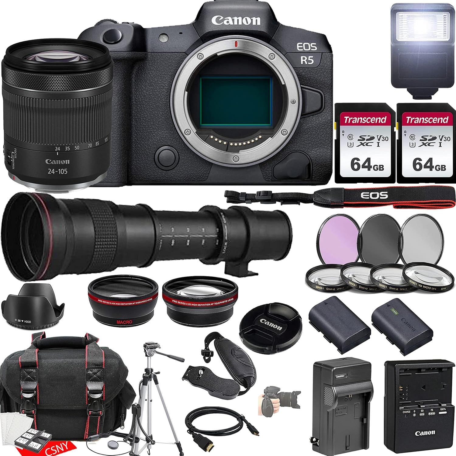 Canon EOS R5 Mirrorless Camera w/RF 24-105mm f/4-7.1 is STM Lens + 420-800mm f/8.3 HD Manual Telephoto Lens + 2X 64GB Memory + Hood + Case + Filters + Tripod & More (35pc Bundle) (Renewed)