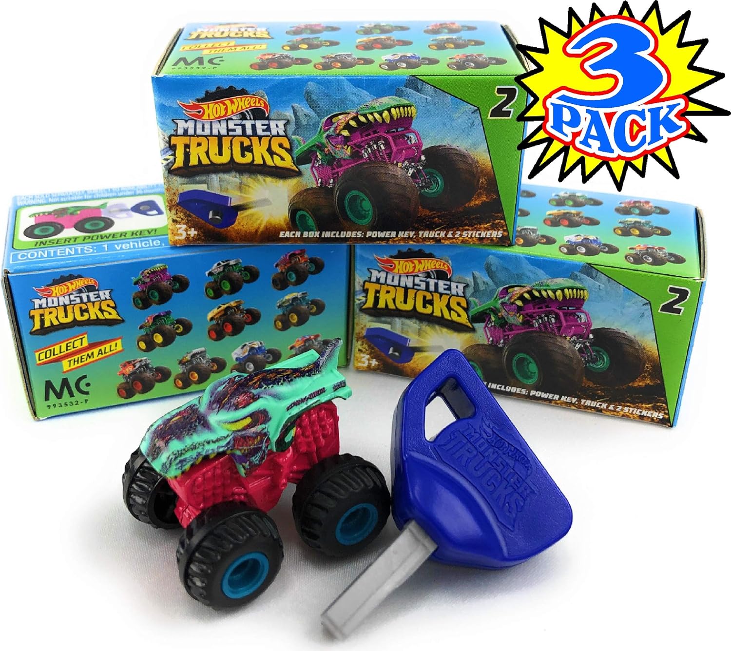 Hot Wheels Monster Trucks Mini Mystery Trucks with Key Launcher (Assorted Series) Blind Box Gift Set Party Bundle – 3 Pack