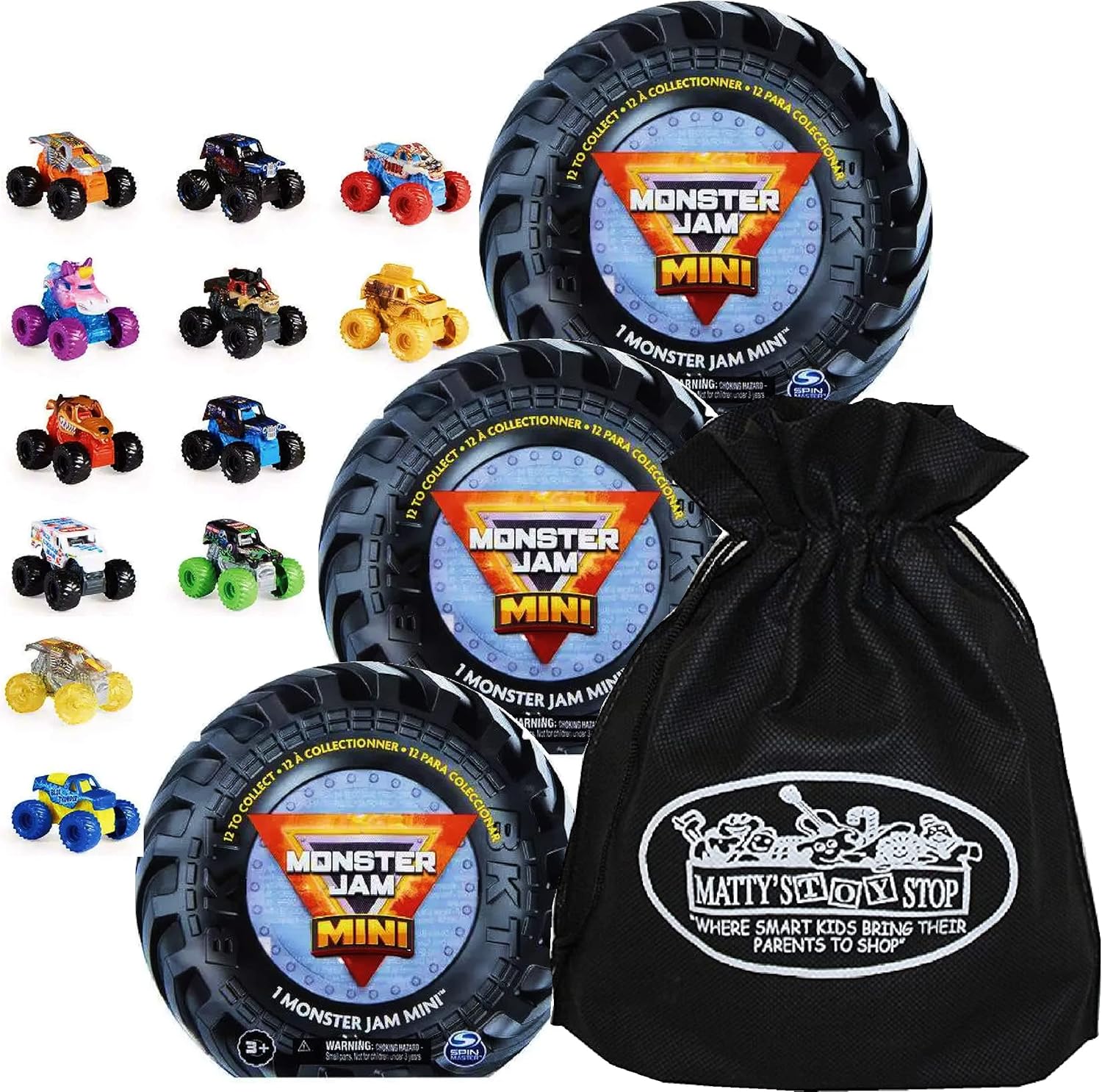 Matty’s Toy Stop Monster Jam Mini Mystery Collectible Monster Trucks (1:87 Scale) Gift Set Party Bundle Storage Bag – 3 Pack (Assorted)