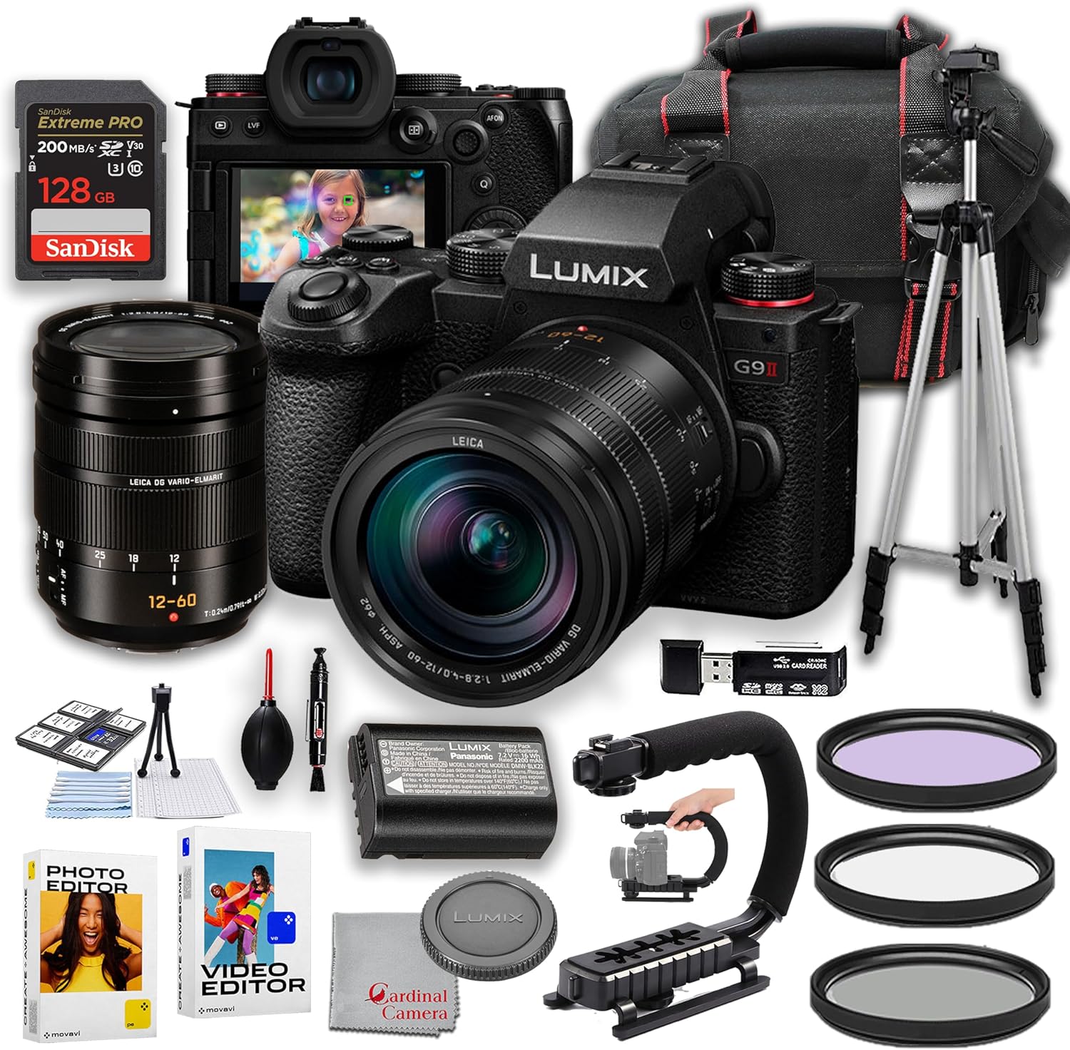 Panasonic Lumix G9 II Mirrorless Camera with 12-60mm f/2.8-4 Lens | 25.2MP | 128GB Extreme Memory, Filters, U Grip Stabilizer, Cleaning Kit, Editing Software, Tripod & More