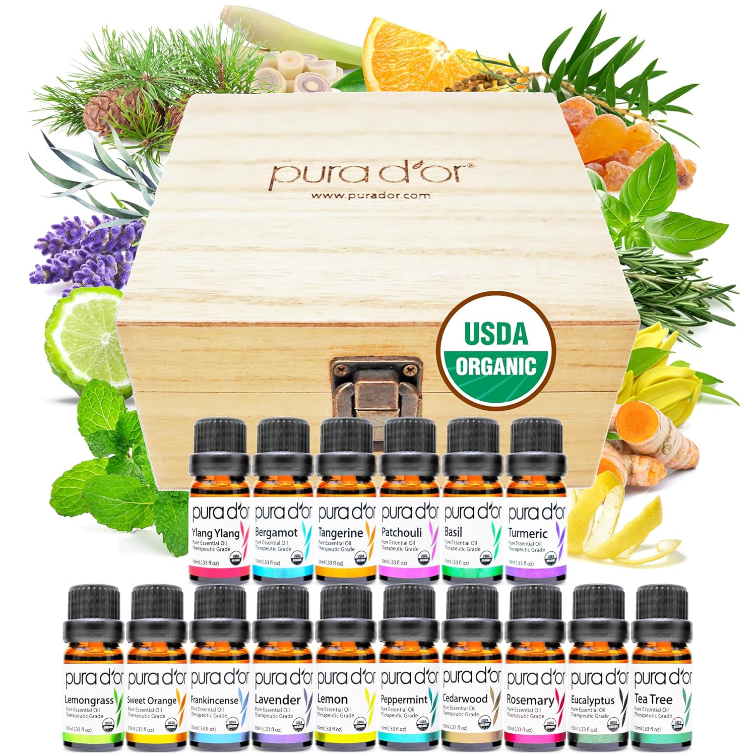 PURA D’OR Organic Sweet16 Essential Oils Set – 16x 10mL Wood Box Aromatherapy Gift Set – 100% Pure Therapeutic Grade for Relaxation and Wellness (Lavender, Rosemary, Turmeric, Ylang Ylang & More)