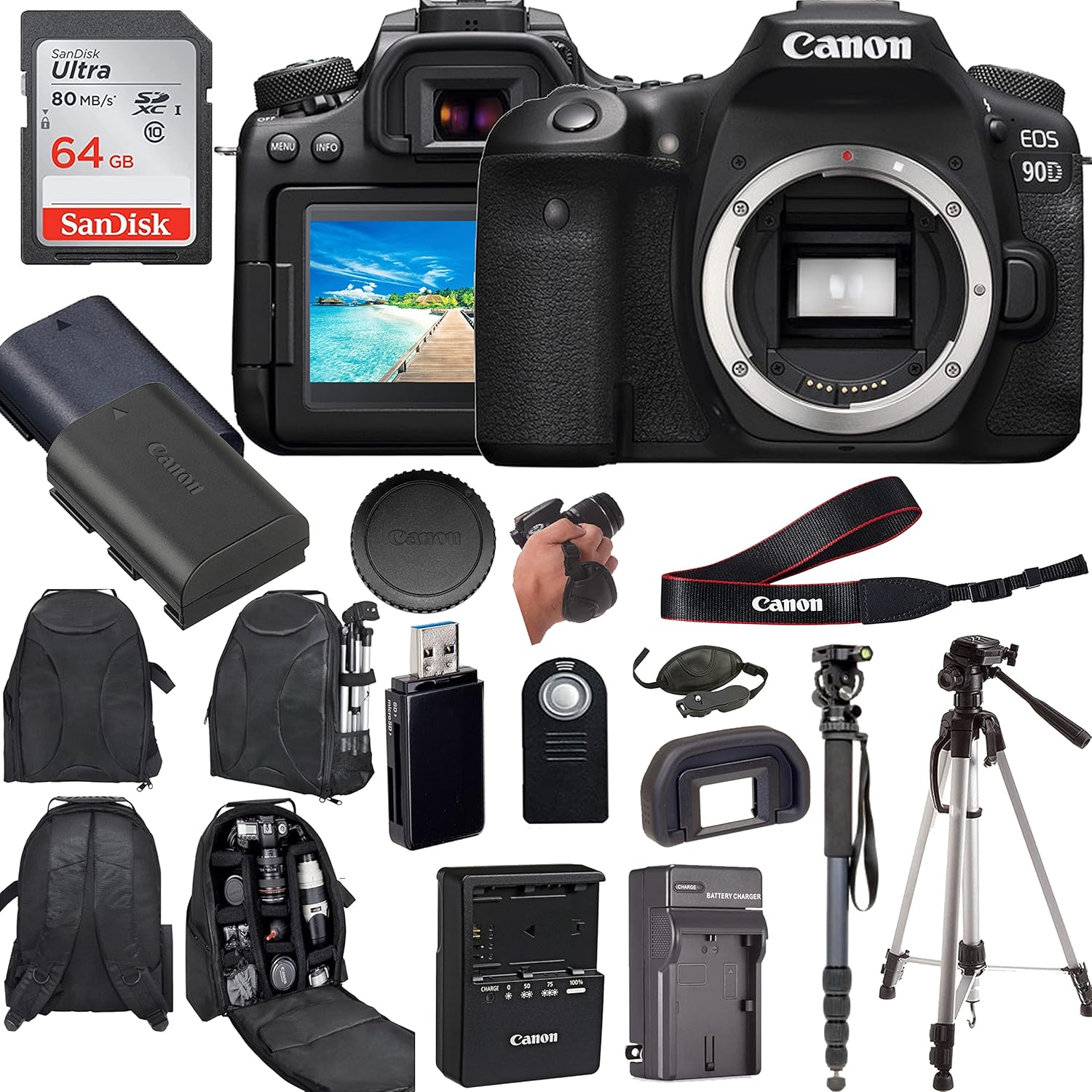 Canon EOS 90D Digital SLR Camera (Body Only) Enhanced with Professional Accessory Bundle – Includes 14 Items (Renewed)