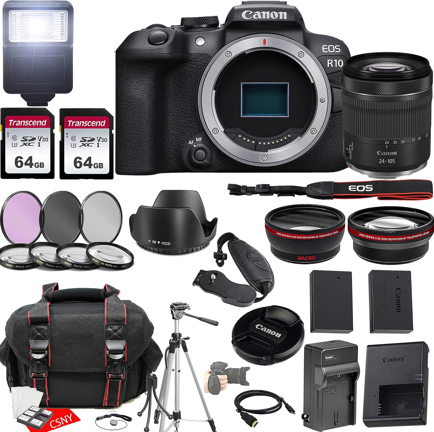 Canon EOS R10 Mirrorless Camera w/RF 24-105mm f/4-7.1 is STM Lens + 2X 64GB Memory + Hood + Case + Filters + Tripod & More (35pc Bundle) (Renewed)