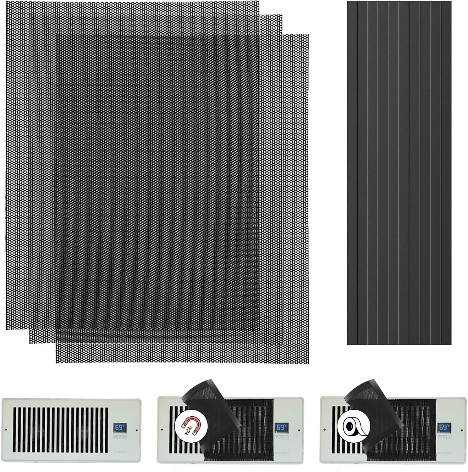 400x300mm DIY Floor Register Vent Cover, 3Pack Vent Cover Mesh for Air Vent Fan Booster, Smart AC Vent Booster Fan Screen for Floor Wall Ceiling Catch Small Objects Hair Insect （Black）