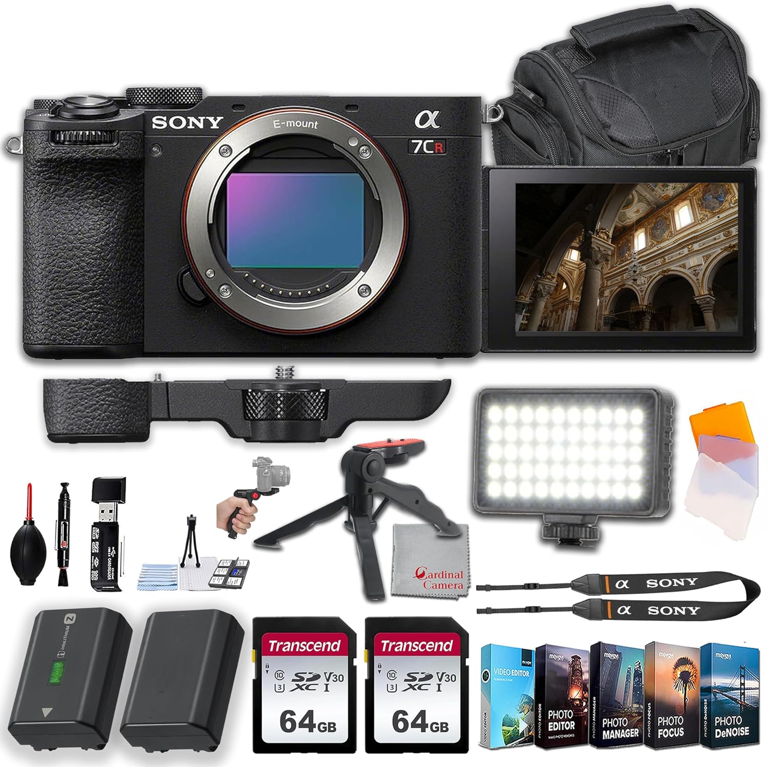 Sony a7CR Mirrorless Camera with LED Video Light, 64GB Memory (2pc), Grip Tripod, Case, Editing Software & More