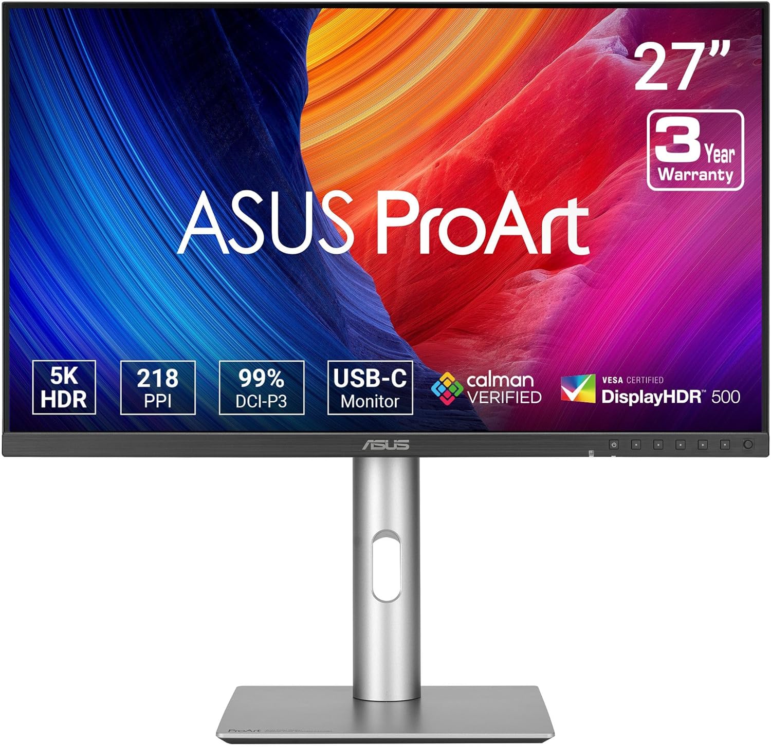 ASUS ProArt Display 27” 5K HDR Professional Monitor (PA27JCV) – 5K (5120 x 2880), IPS, 99% DCI-P3, 100% sRGB, ΔE < 2, USB-C PD 96W, Calman Verified, Color Accurate, Auto KVM, LuxPixel, 3 yr Warranty