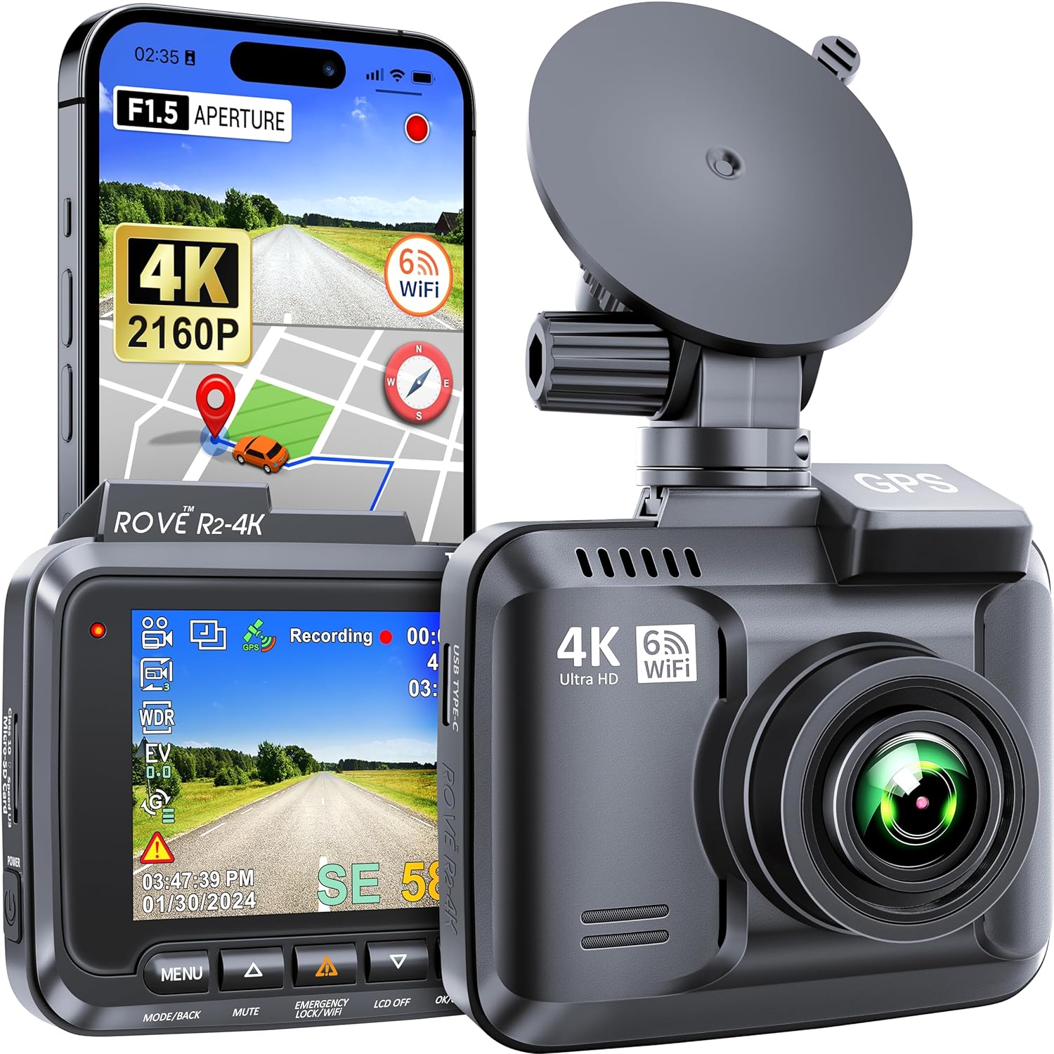 ROVE R2-4K Dash Cam Built-in WiFi 6 GPS Car Dashboard Camera Recorder with UHD 2160P, 2.4″ IPS Screen, 150° Wide Angle, WDR, Night Vision