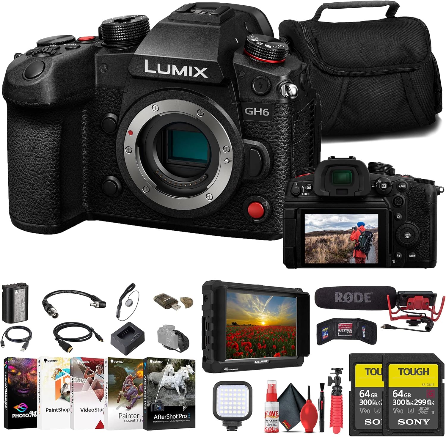 Panasonic Lumix GH6 Mirrorless Camera (DC-GH6BODY) + 4K Monitor + Rode VideoMic + Sony 64GB Tough SD Card + Card Reader + LED Light + Corel Photo Software + Case + Flex Tripod + More (Renewed)