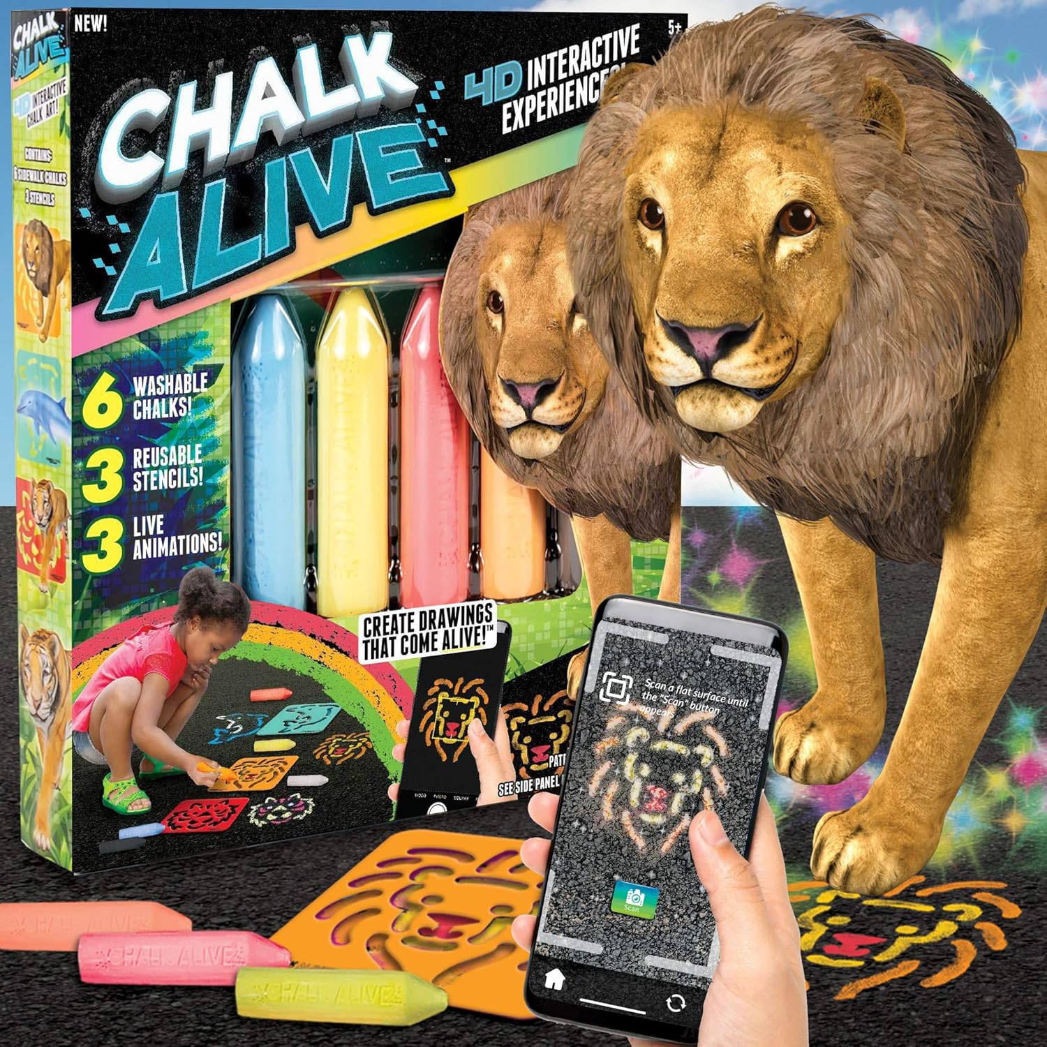 by Horizon Group USA, Augmented Reality Chalk Art, Watch A Lion, Tiger & Dolphin Come Alive, Includes 6 Interactive Chalks, 3 Reusable Stencils