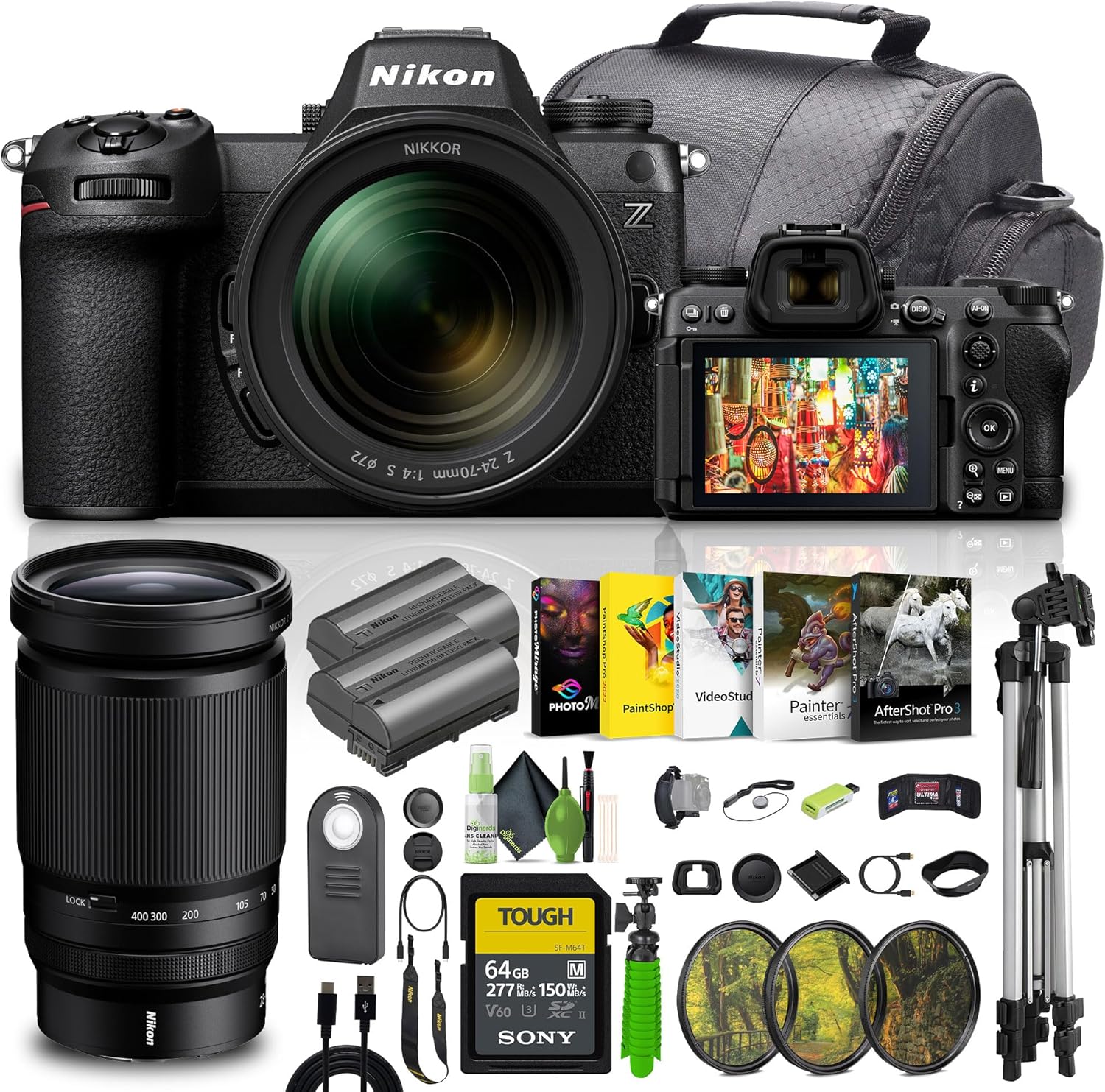 Nikon Z6 III Mirrorless Camera with 24-70mm f/4 S Lens Bundle Kit with NIKKOR Z 28-400mm f/4-8 VR Lens + 64GB UHS-II SDXC Memory Card + Cleaning Kit + Camara Bag + Accessories (Renewed)