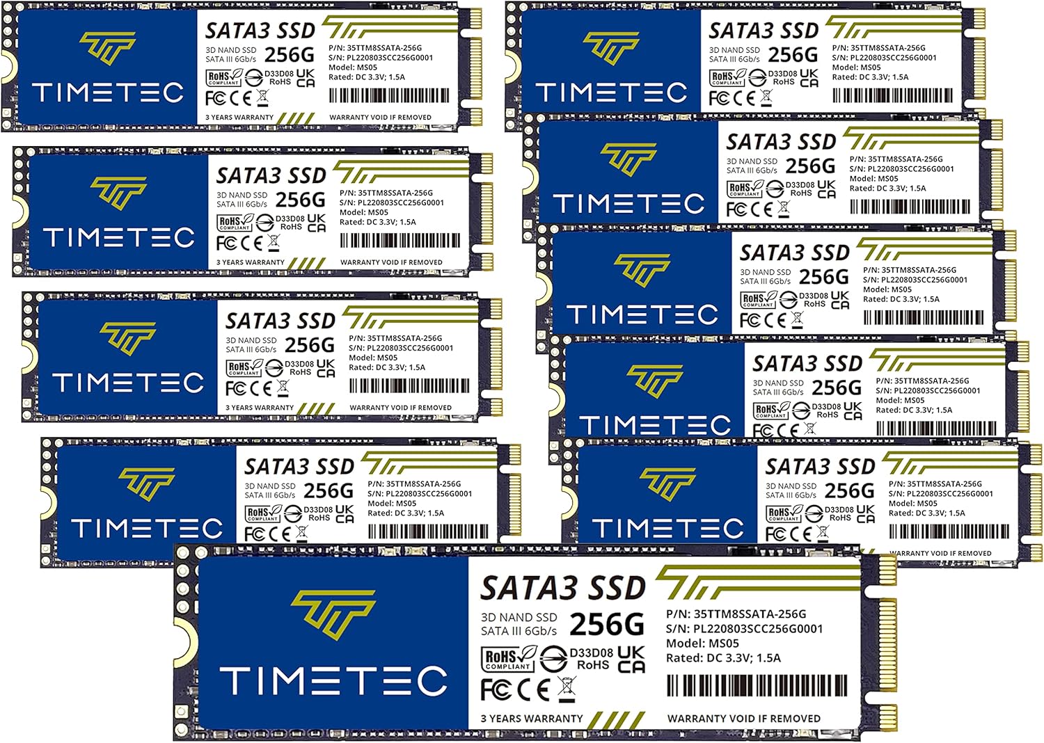 Timetec 256GBx10 (10 Pack) SSD 3D NAND TLC SATA III 6Gb/s M.2 2280 NGFF 128TBW Read Speed Up to 550MB/s SLC Cache Performance Boost Internal Solid State Drive for PC Computer Laptop and Desktop