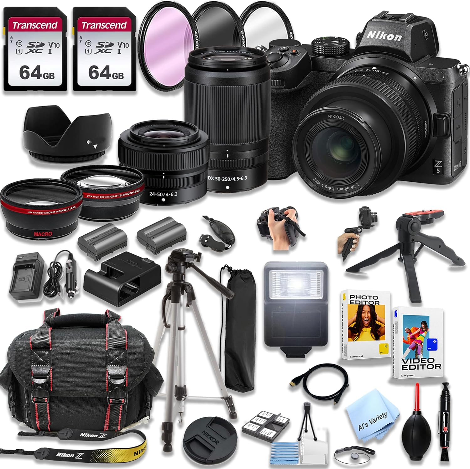 Nikon Z5 Mirrorless Digital Camera 24.3MP W/Nikkor Z 24-50mm & 50-250mm Lenses + 128GB Memory, Spare Battery, Filters,Case, Tripod, Flash, and More (39pc Bundle), Black (Renewed)