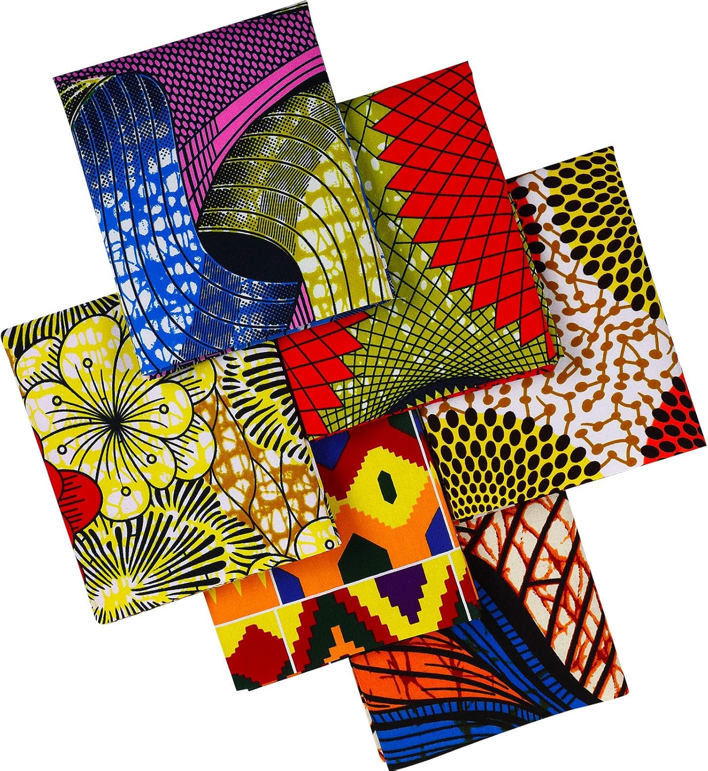 African Fabric Fat Quarters 19.5 x 15.7 Inch/ 50 x 40 cm Ankara Wax Print Fabric African Print Cotton Quilting Fabric for Sewing Face Protectors Crafting Projects, 6 Pieces (Geometry Style)